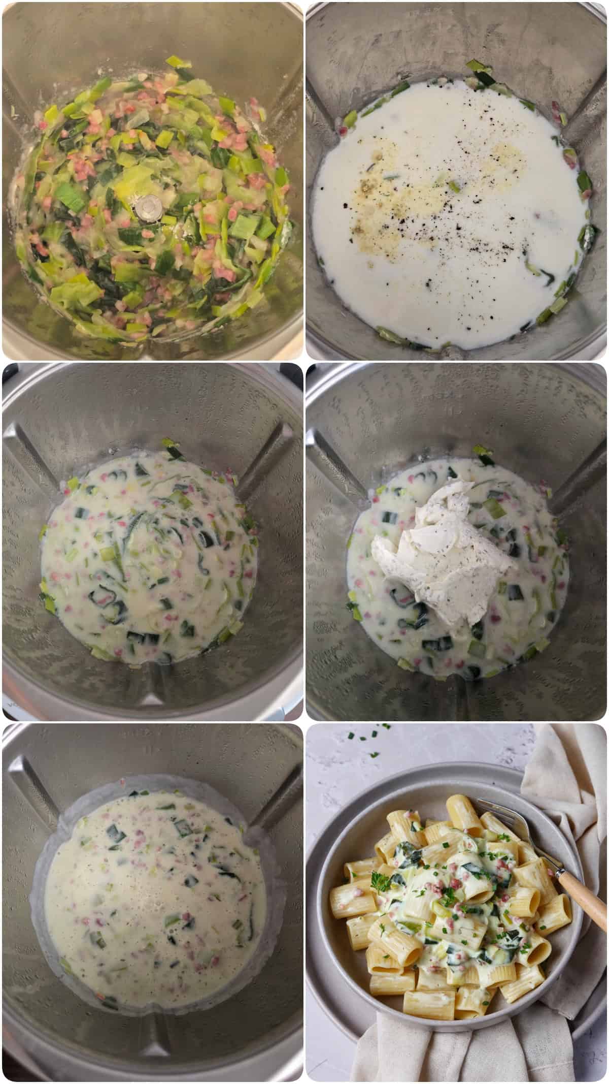 A collage showing the preparation steps for cheesy leek pasta.