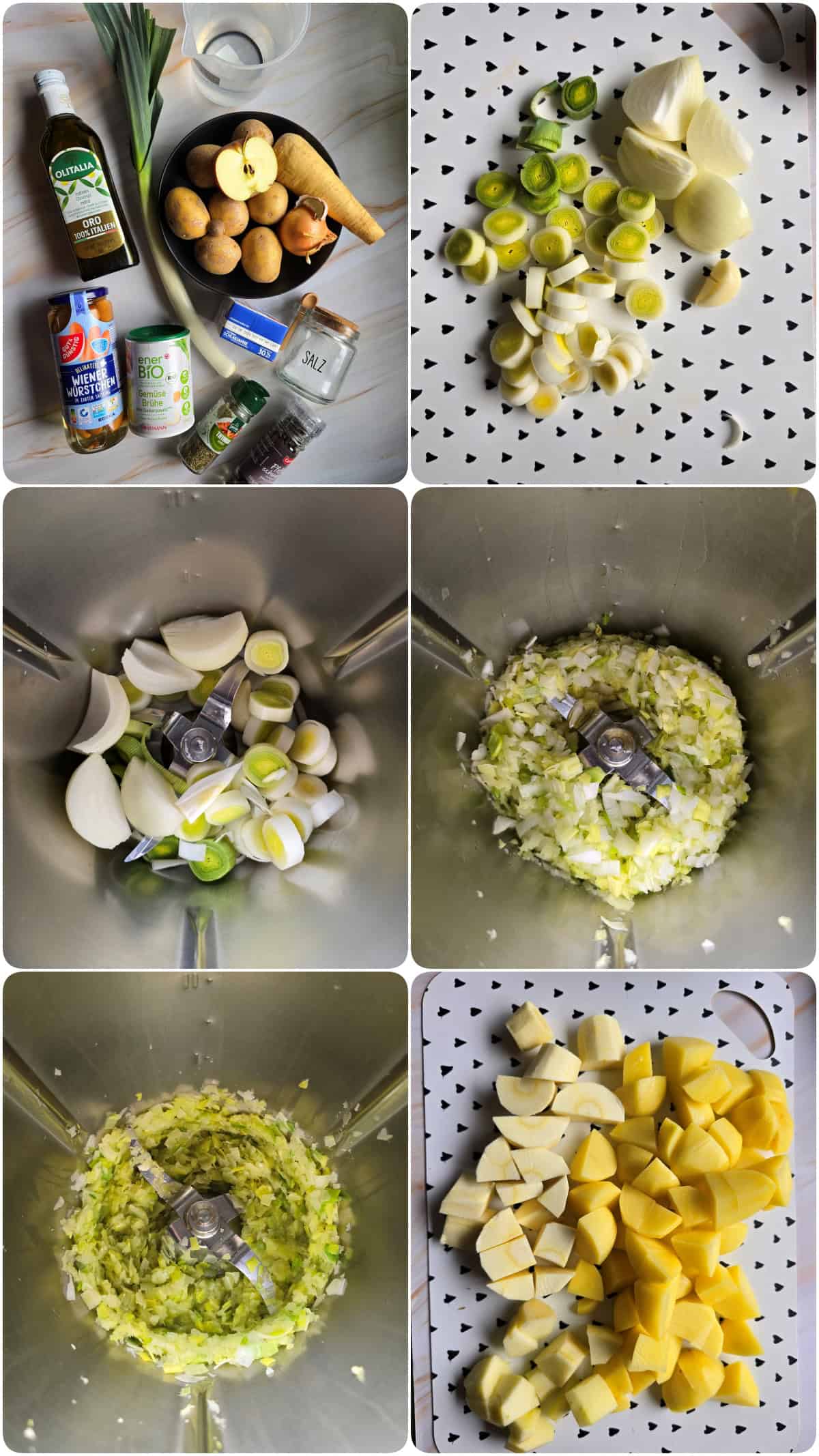 A step-by-step process collage for making potato parsnip soup with hot dogs.