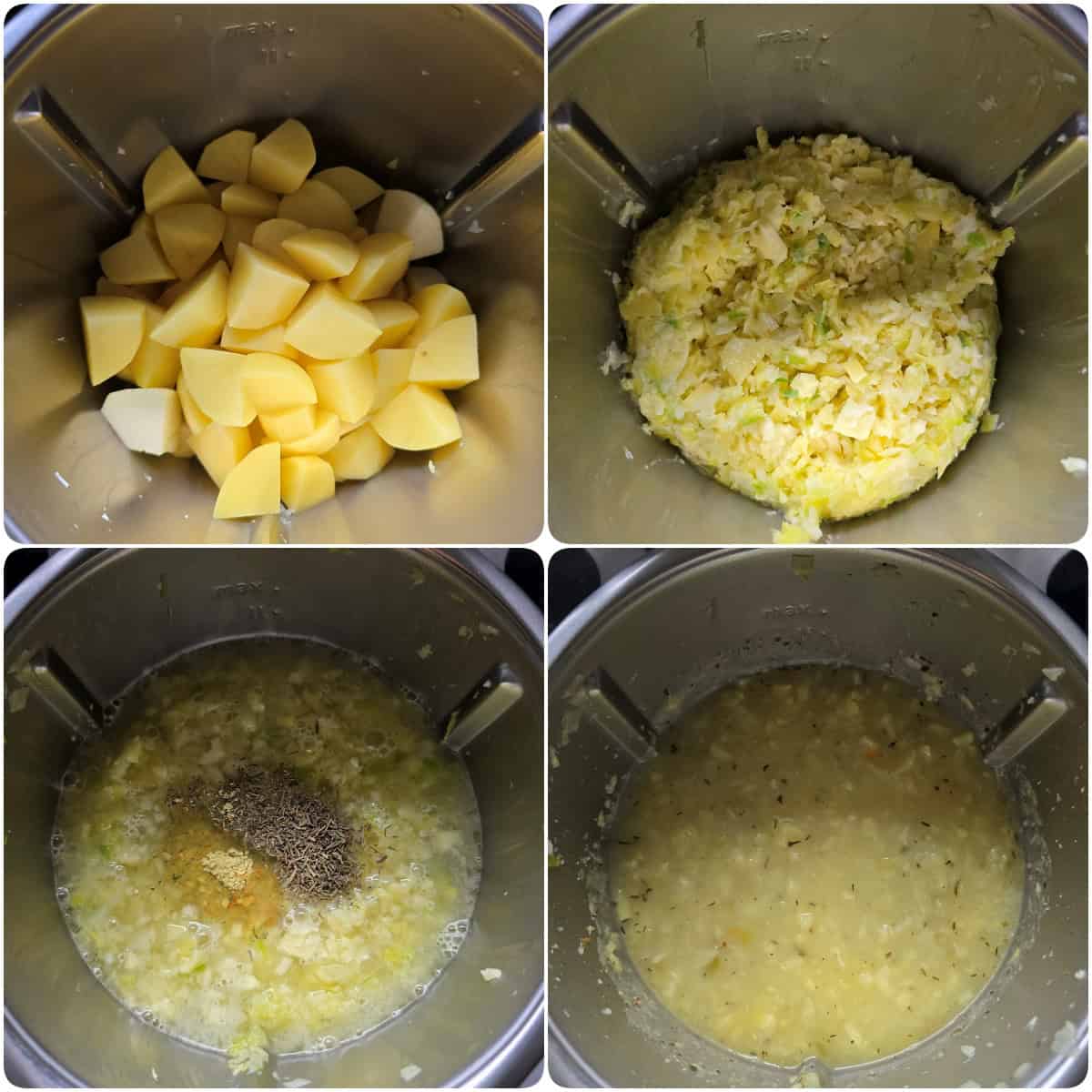 A step-by-step process collage for making potato parsnip soup with hot dogs.