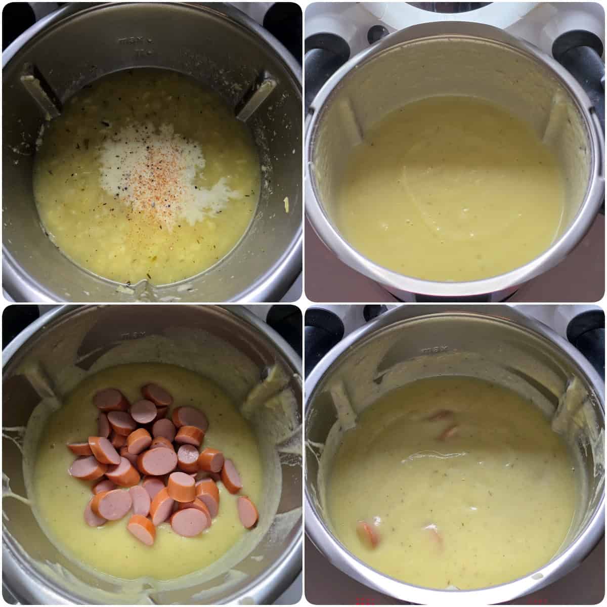 A step-by-step process collage for making potato parsnip soup with hot dogs.
