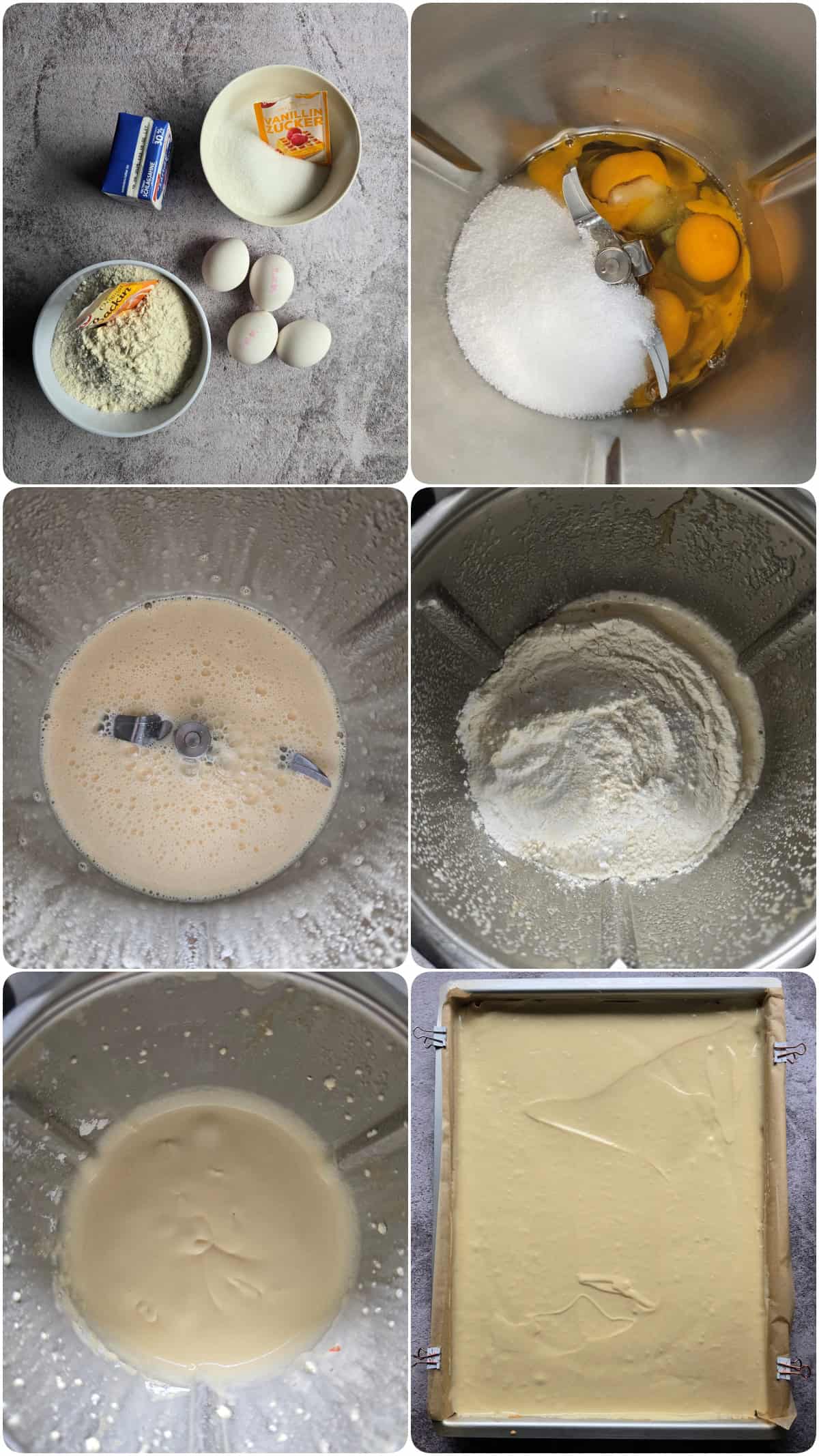 Eine Collage der Zubereitungsschritte für Schneller Mandel-Butterkuchen vom Blech.