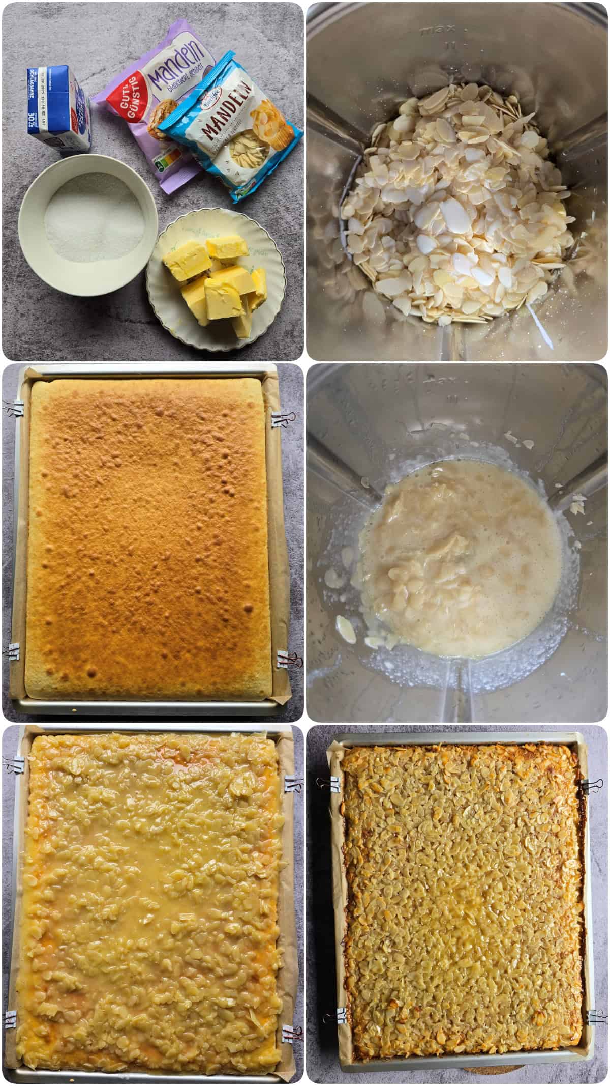 Eine Collage der Zubereitungsschritte für Schneller Mandel-Butterkuchen vom Blech.