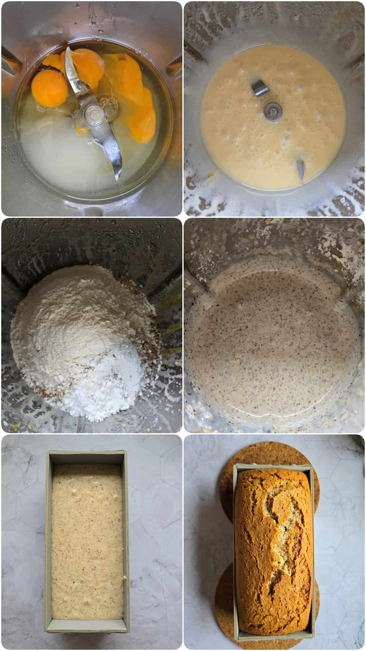 Step-by-step preparation of the moist hazelnut cake in the Thermomix and the freshly baked cake in the loaf pan.