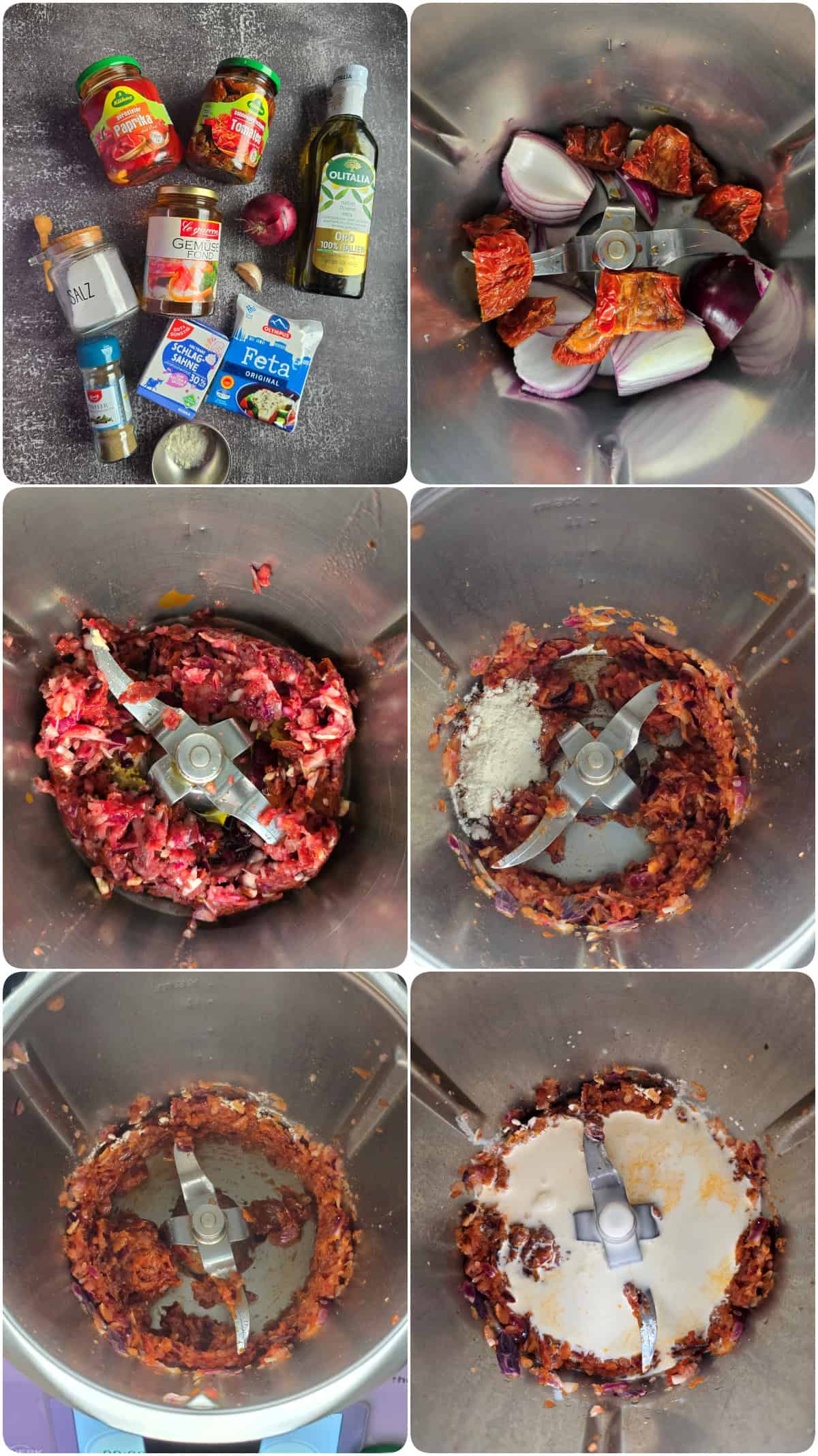 A collage showing the step-by-step preparation for roasted red pepper and feta pasta.
