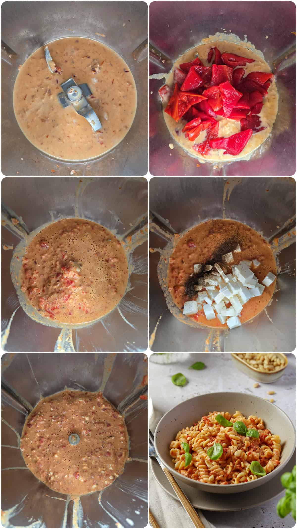 A collage showing the step-by-step preparation for roasted red pepper and feta pasta.