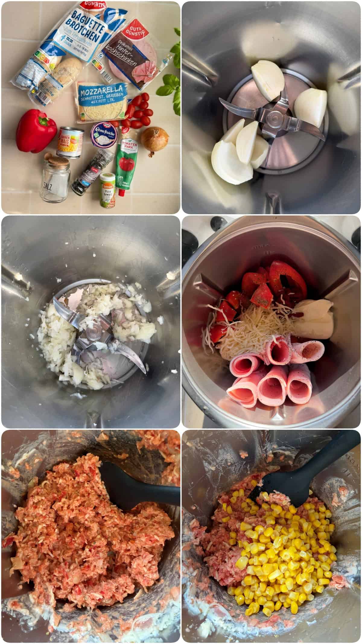 A collage showing step-by-step photos for making pizza rolls.