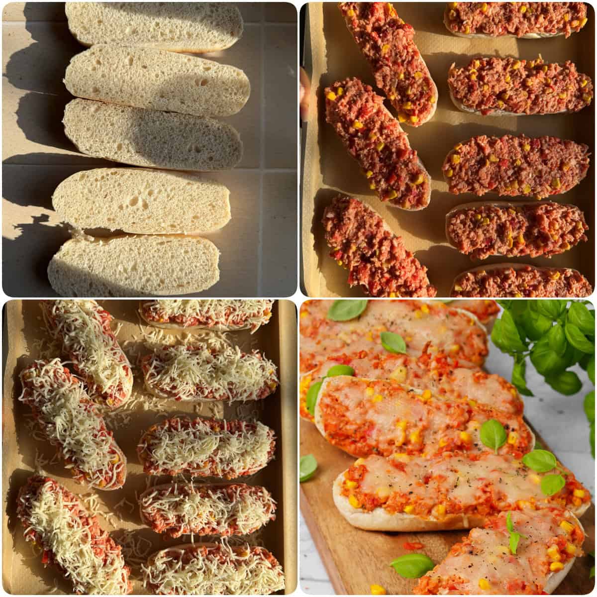 A collage showing the step-by-step prep for homemade pizza rolls.