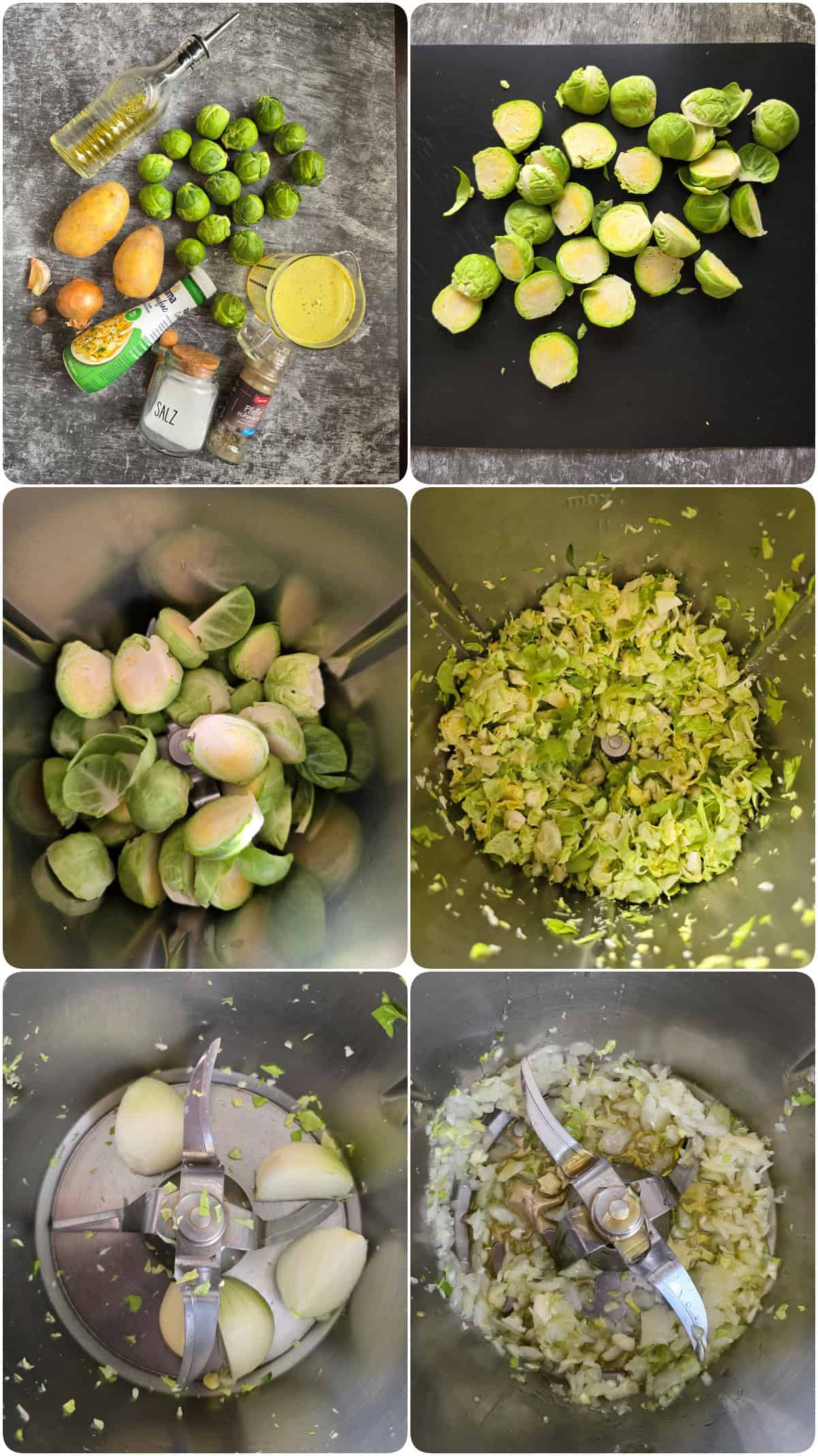A collage showing the step-by-step preparation for Brussels sprout soup.