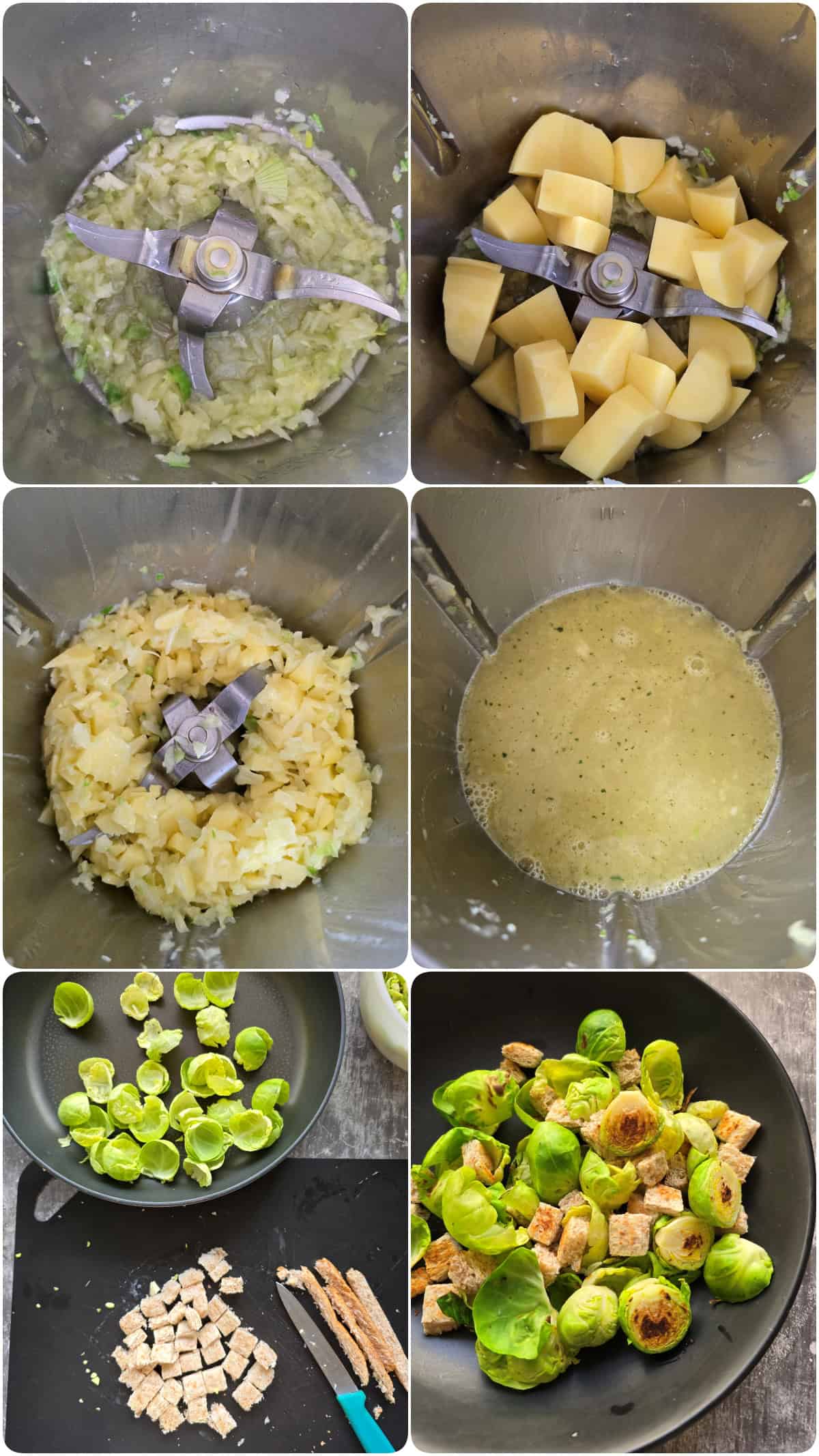 A collage showing the step-by-step preparation for Brussels sprout soup.