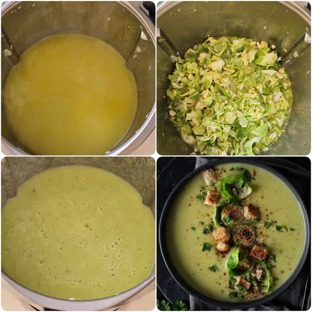 A collage showing the step-by-step preparation for Brussels sprout soup.