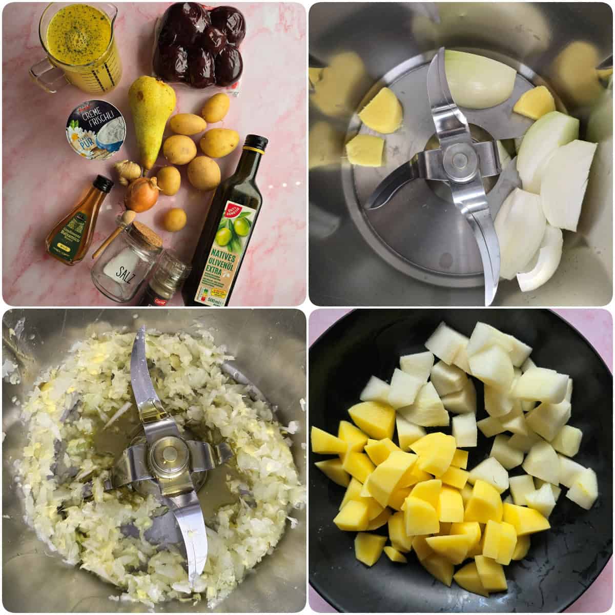 A step-by-step collage showing how to make beet soup.