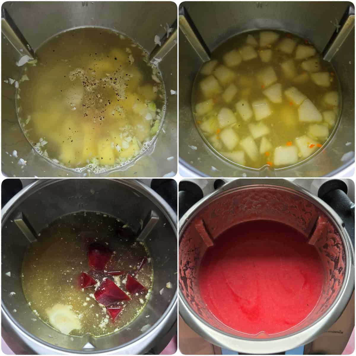 A step-by-step collage showing how to make beet soup.