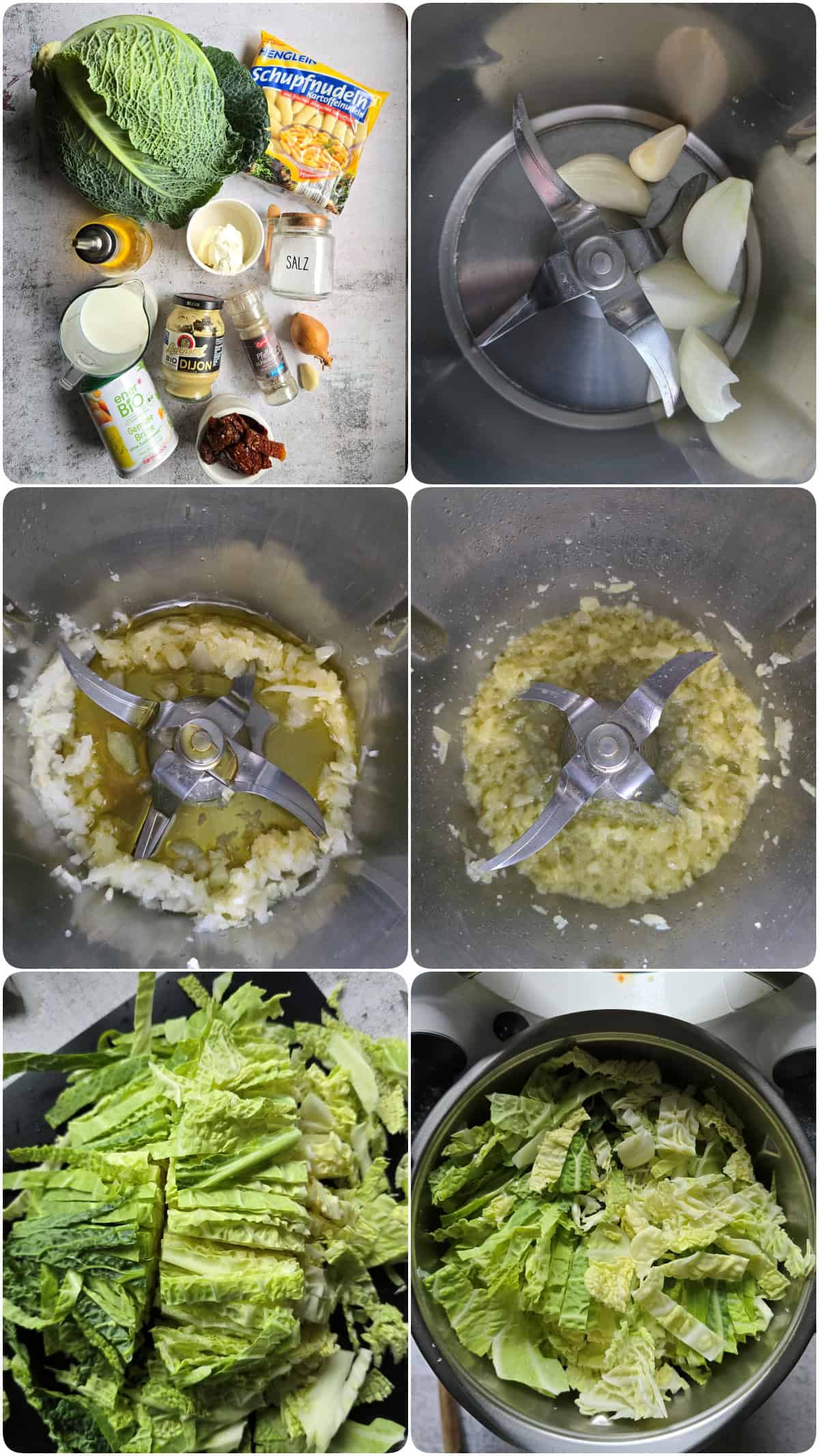 A collage showing the step-by-step preparation for pan-fried Schupfnudeln in a creamy savoy cabbage and mustard sauce.