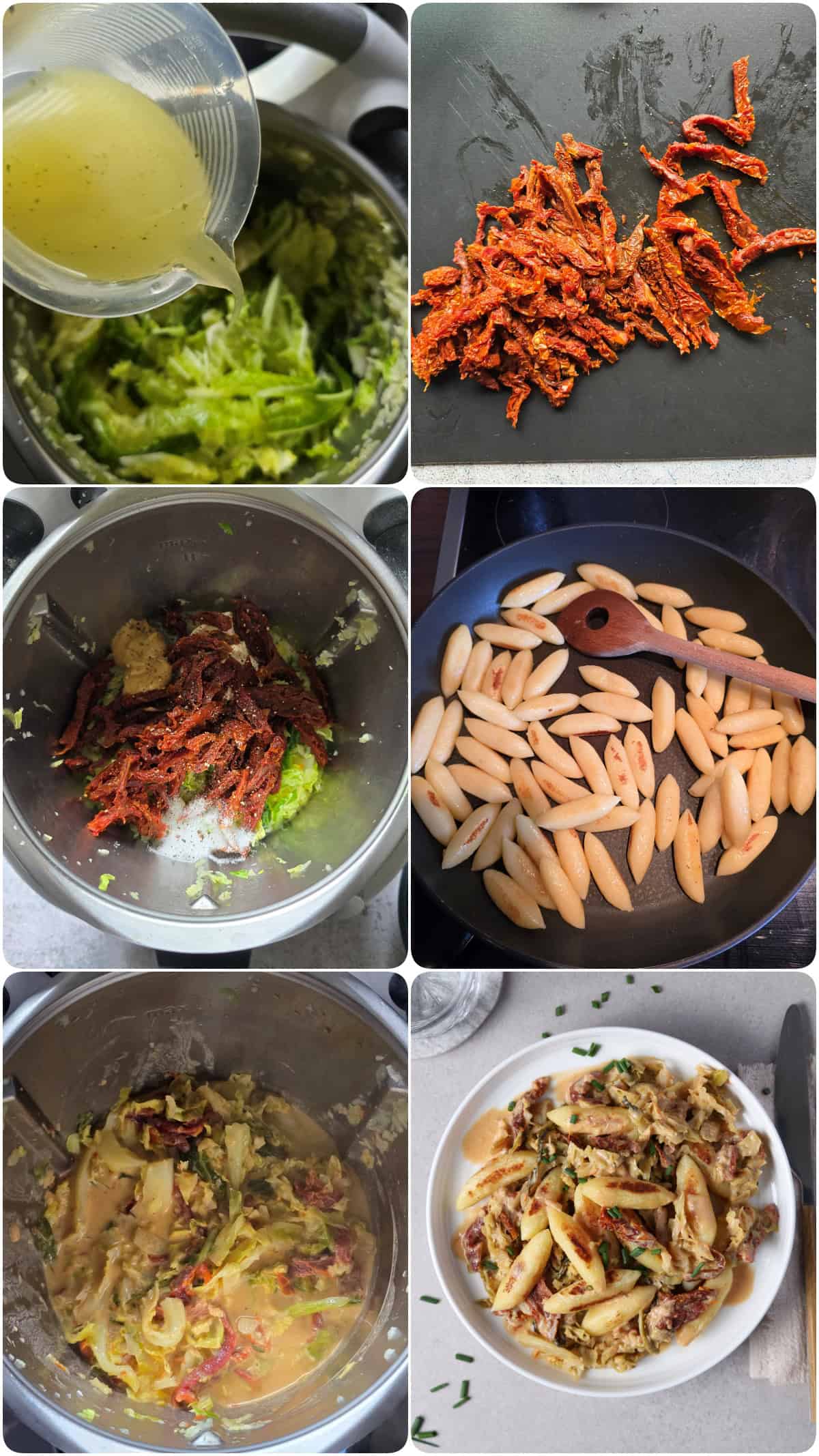 A collage showing the step-by-step preparation for pan-fried Schupfnudeln in a creamy savoy cabbage and mustard sauce.