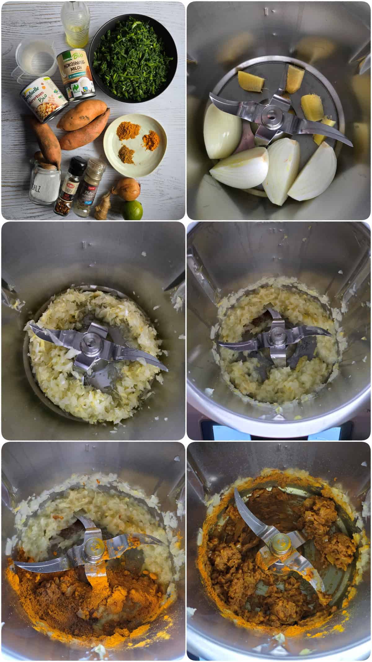 A step-by-step photo collage of making sweet potato curry with spinach and chickpeas.