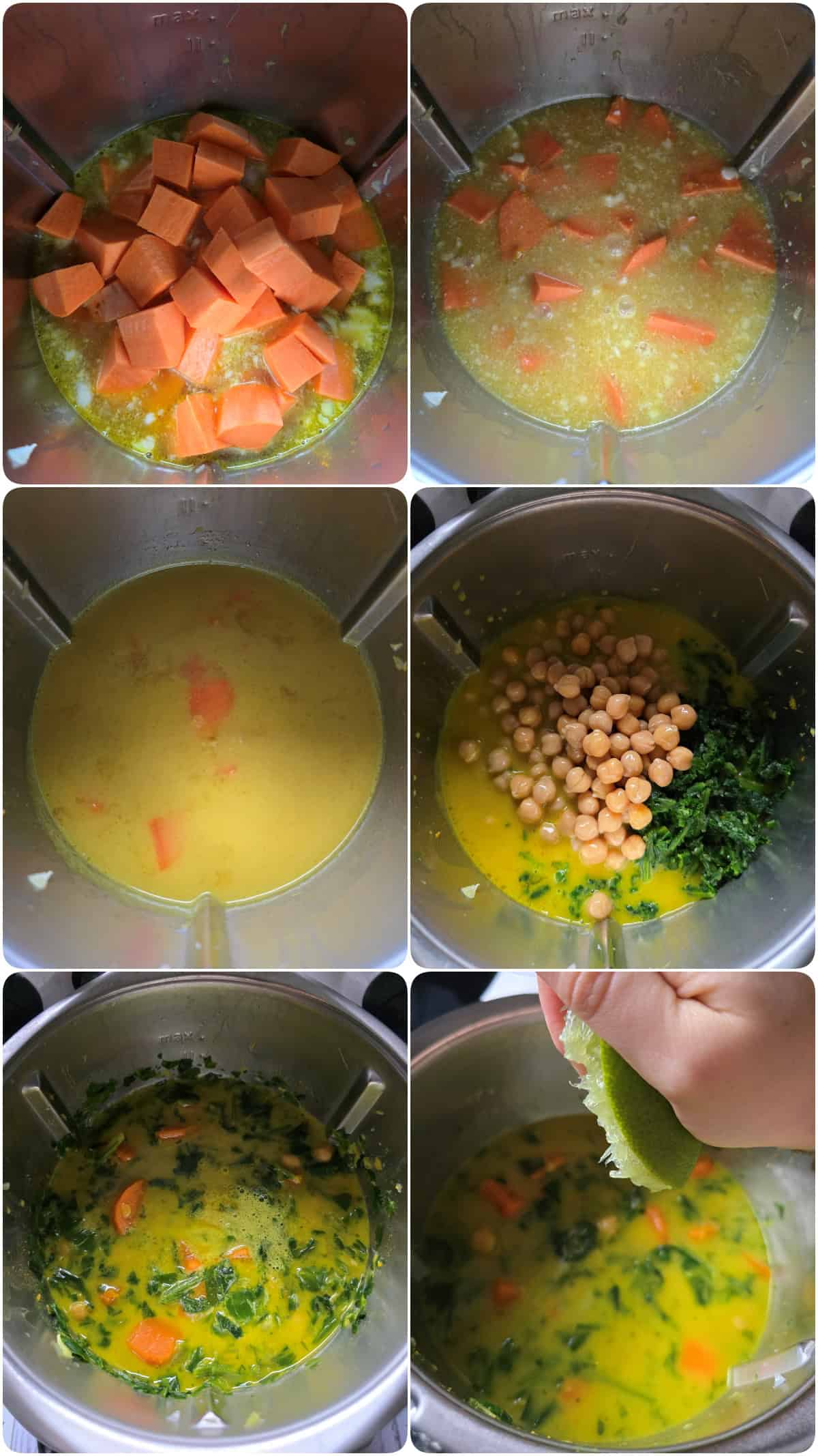 A step-by-step photo collage of making sweet potato curry with spinach and chickpeas.
