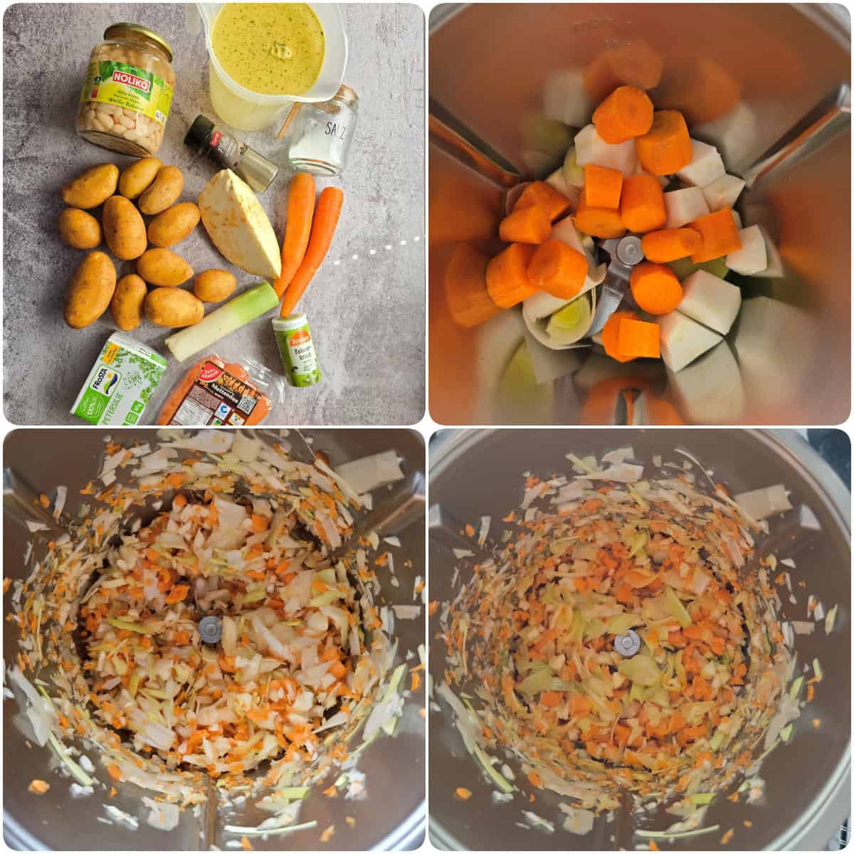 A collage showing step-by-step photos for white bean stew with smoked sausage.