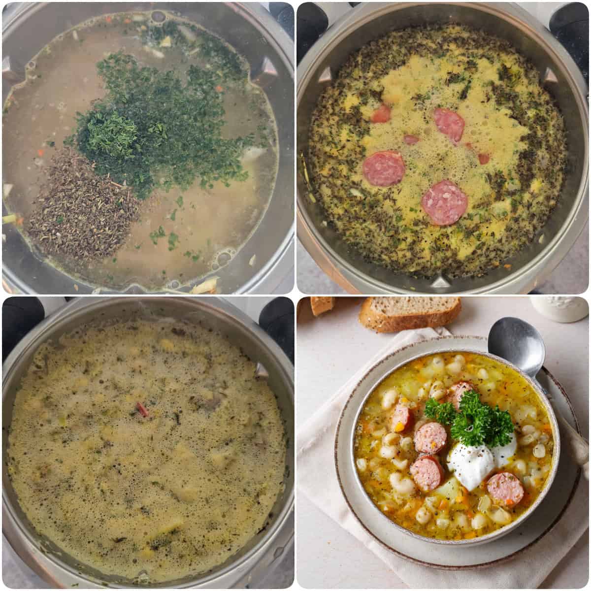 A collage showing step-by-step photos for white bean stew with smoked sausage.