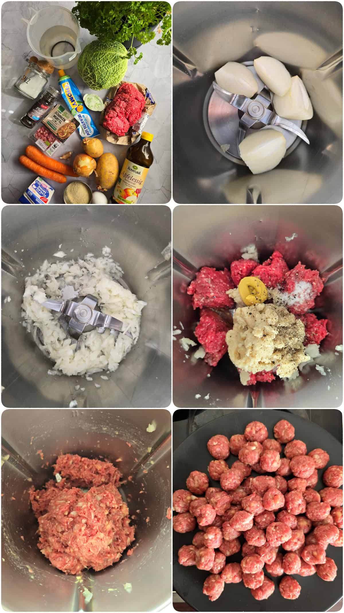 A collage showing the step-by-step preparation for Savoy cabbage soup with meatballs.