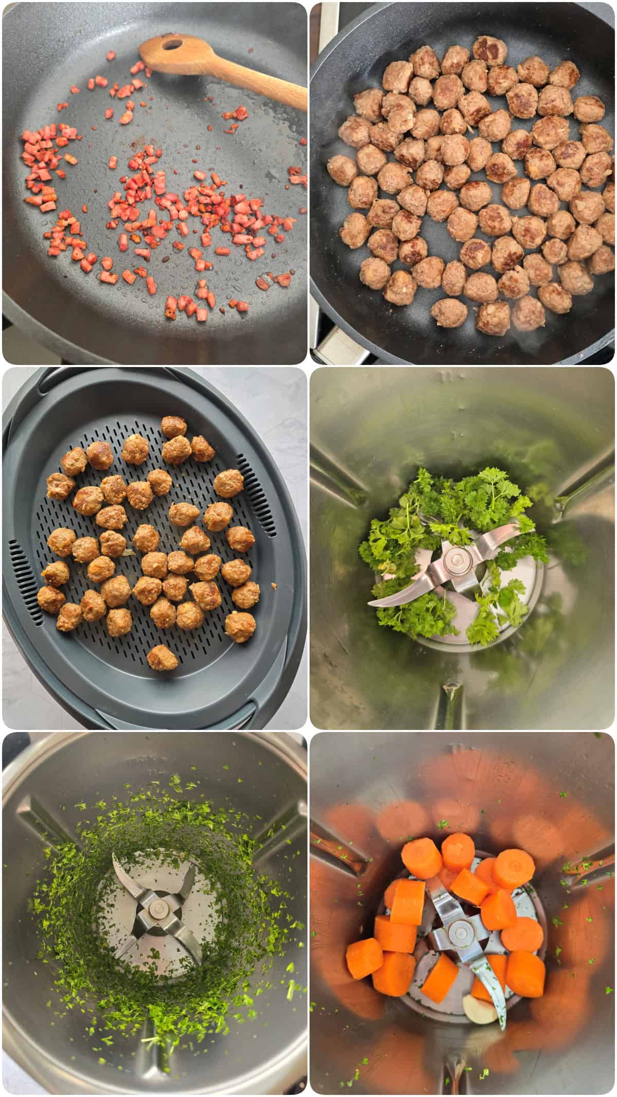 A collage showing the step-by-step preparation for Savoy cabbage soup with meatballs.