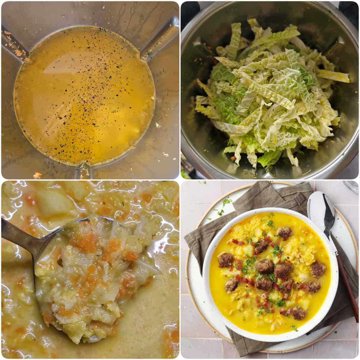 A collage showing the step-by-step preparation for Savoy cabbage soup with meatballs.