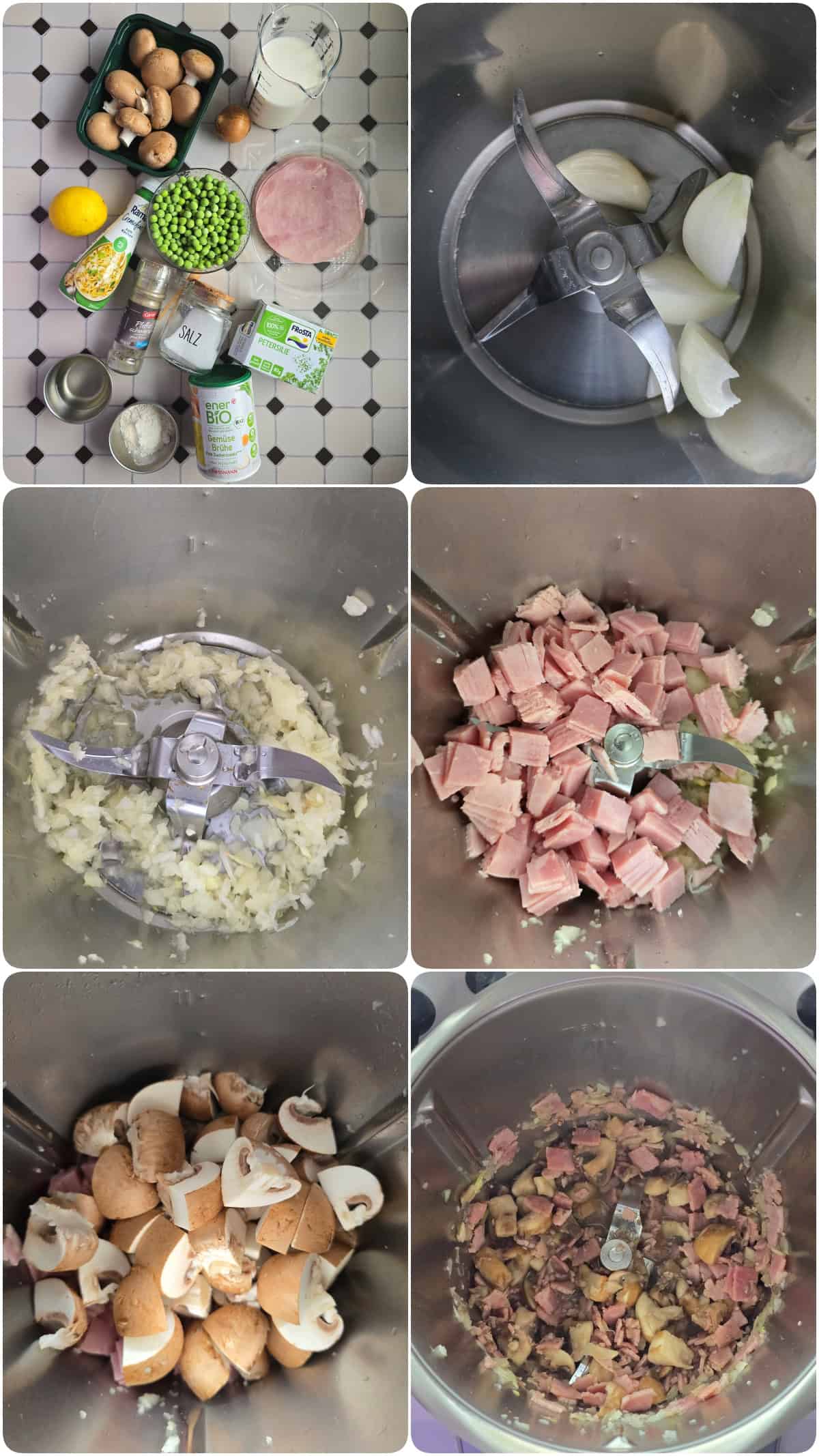 A collage showing step-by-step photos for making Creamy Lemon Pasta with Mushrooms & Peas.