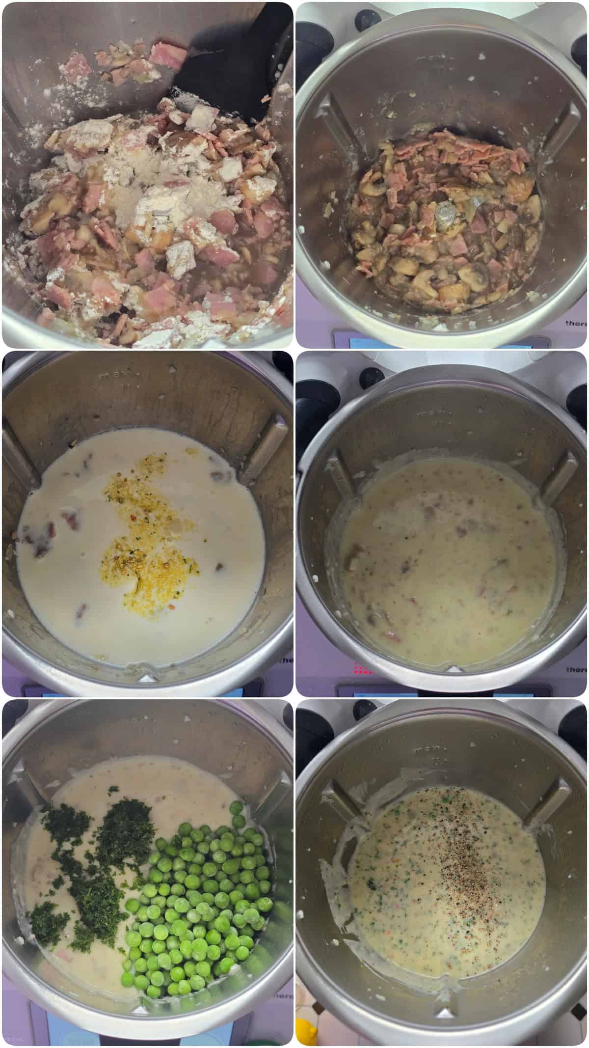 A collage showing step-by-step photos for making Creamy Lemon Pasta with Mushrooms & Peas.