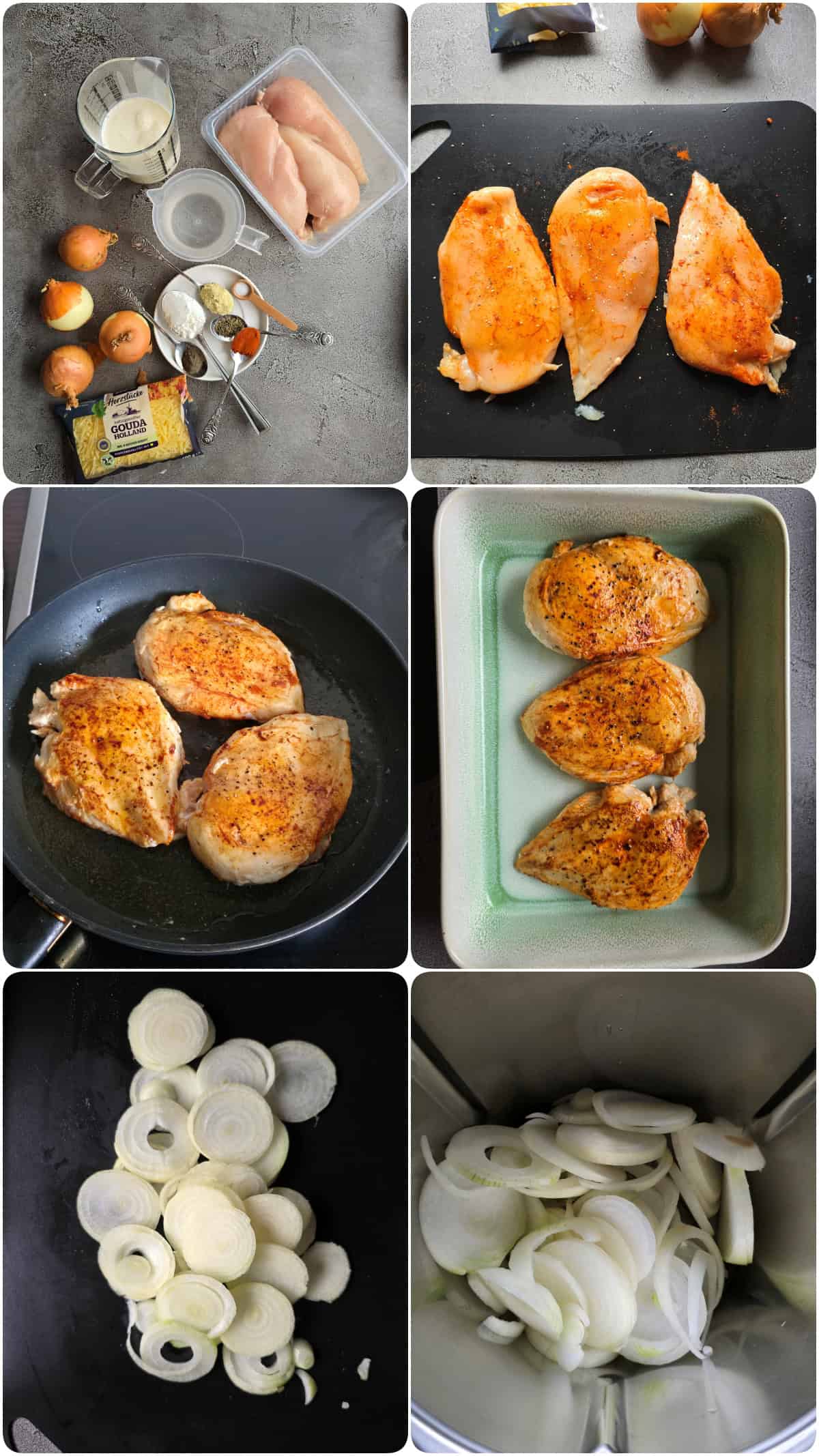 A collage showing step-by-step instructions for making creamy onion chicken.