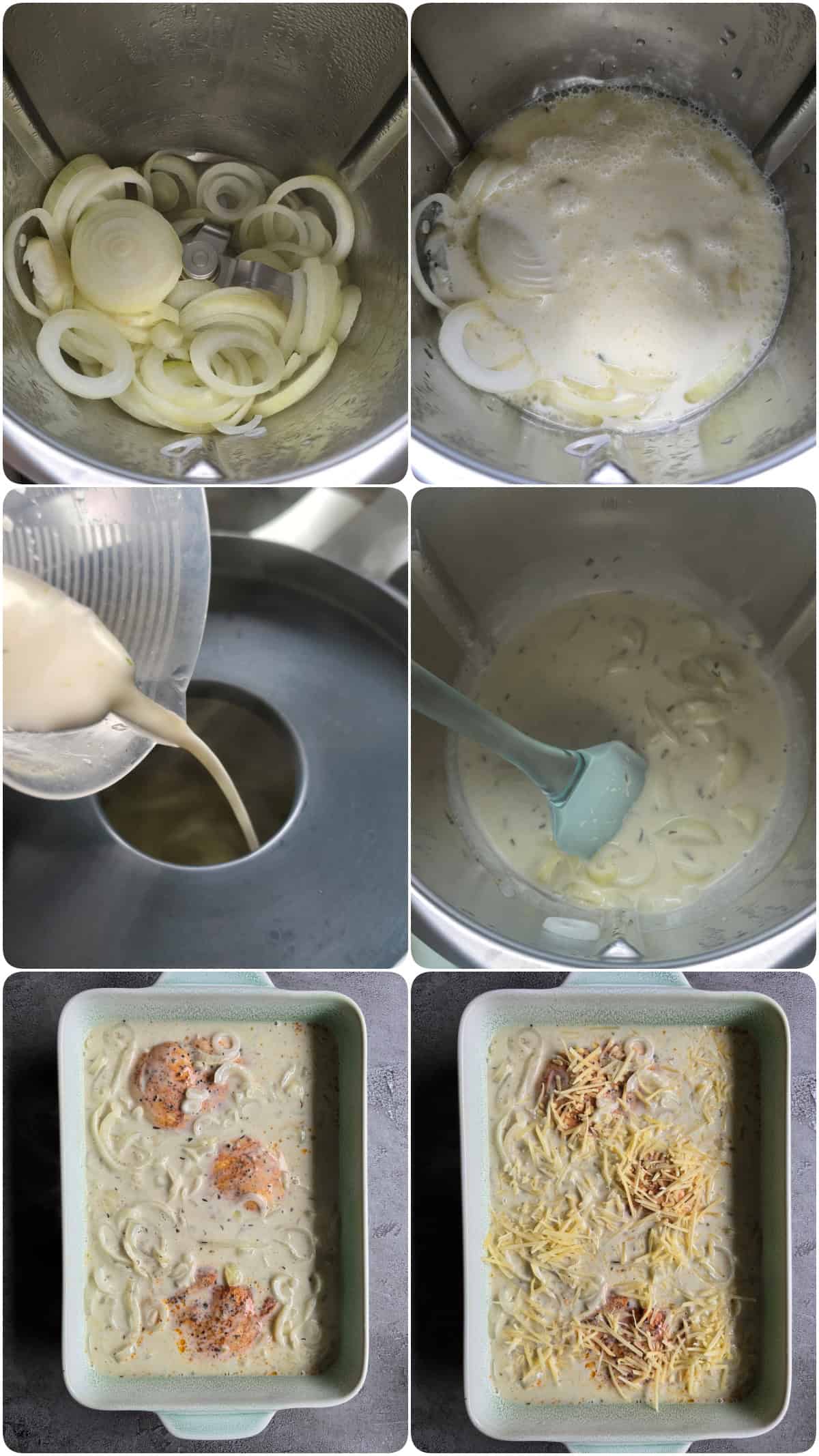A collage showing step-by-step instructions for making creamy onion chicken.