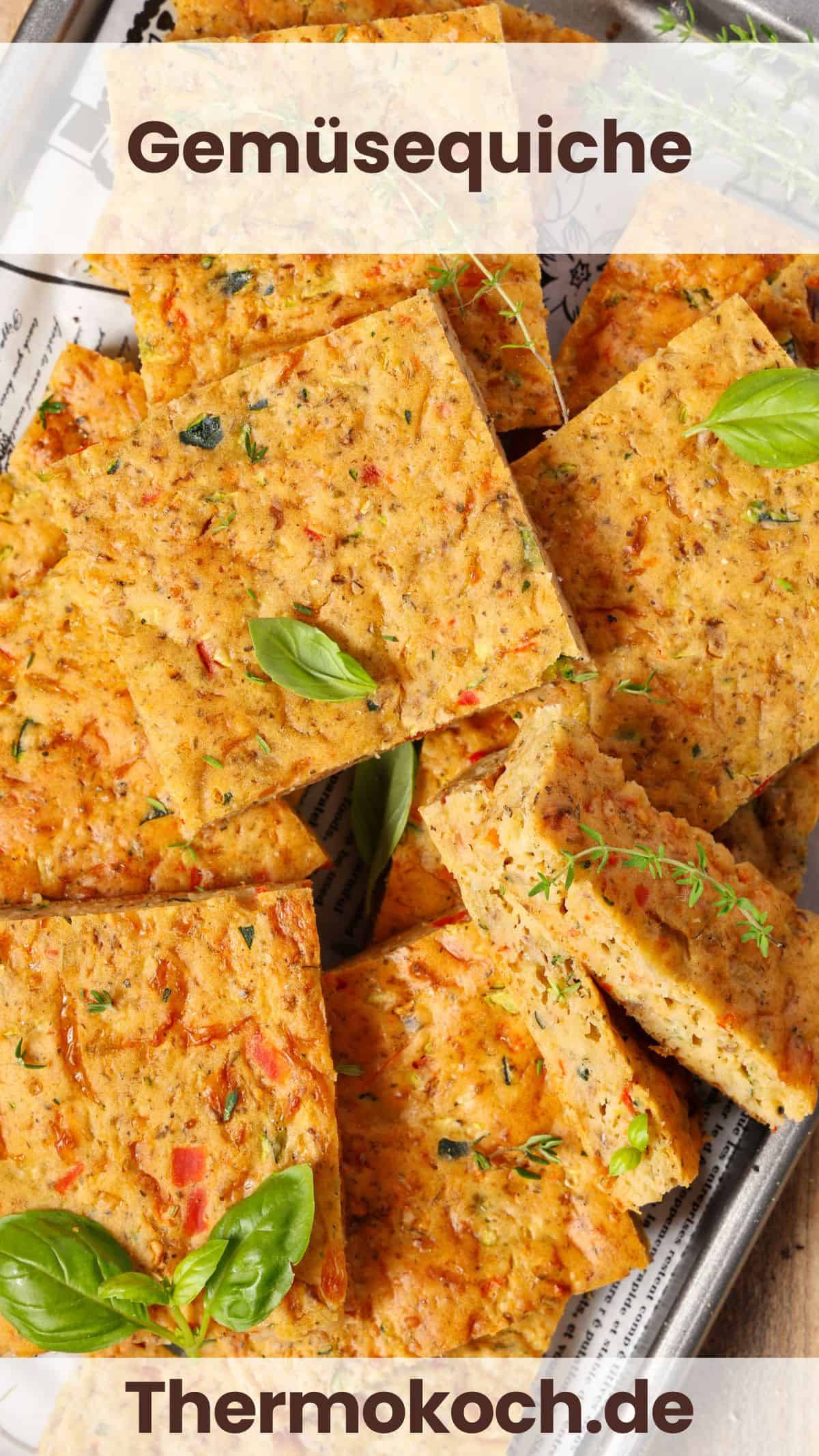 A serving tray topped with slices of freshly baked vegetable quiche.