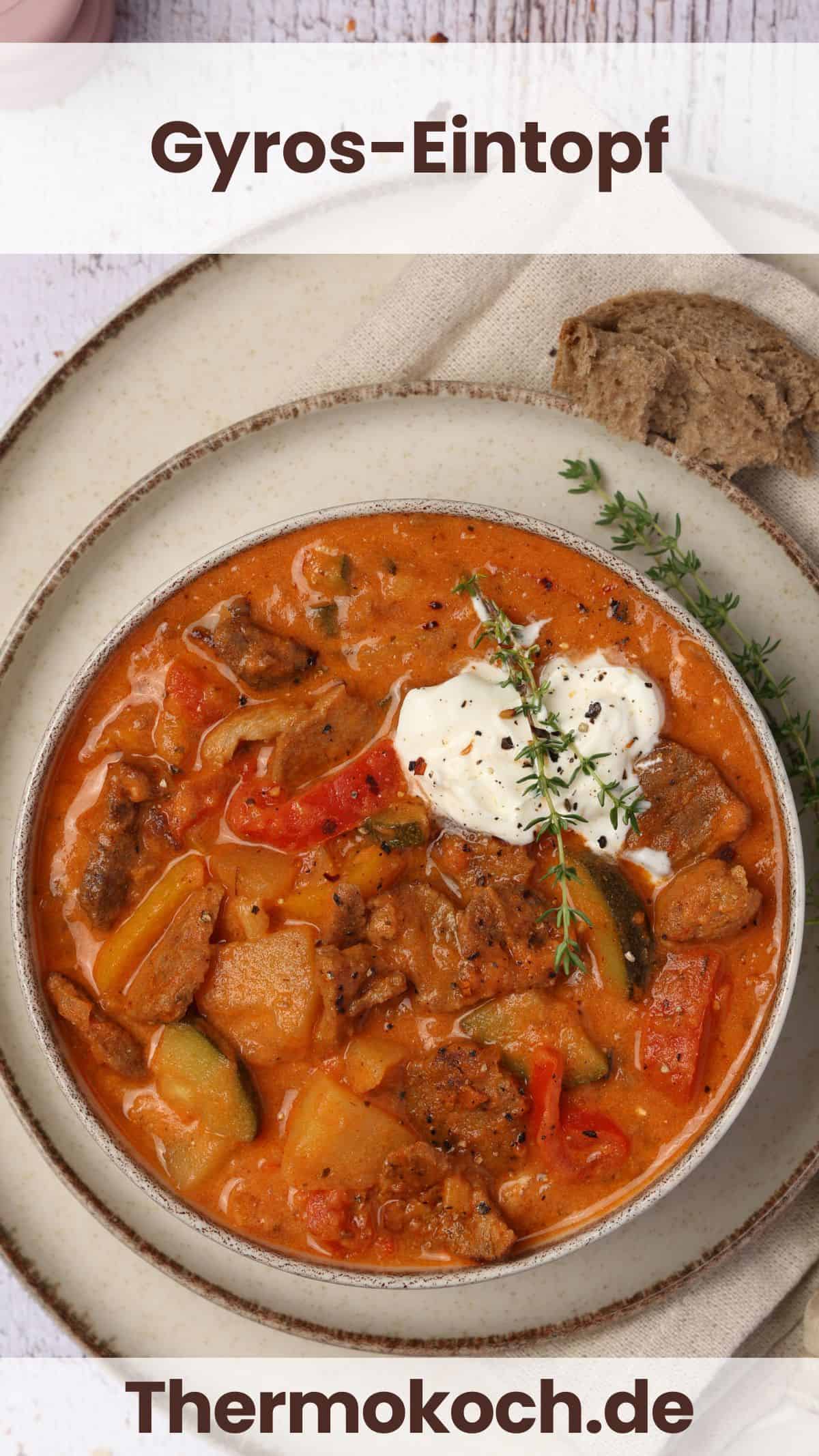 A bowl of gyro stew served with a slice of bread on the side.