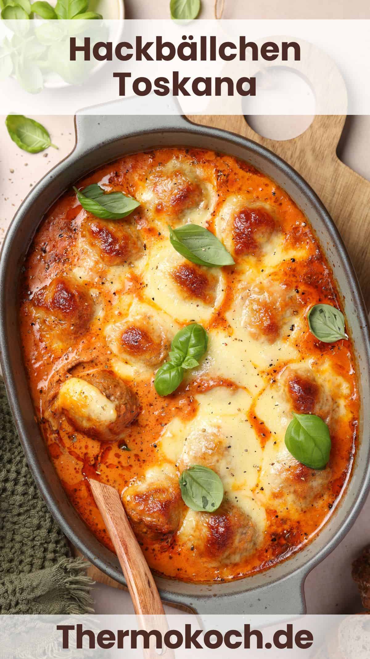 An oval baking dish filled with Tuscan meatballs.
