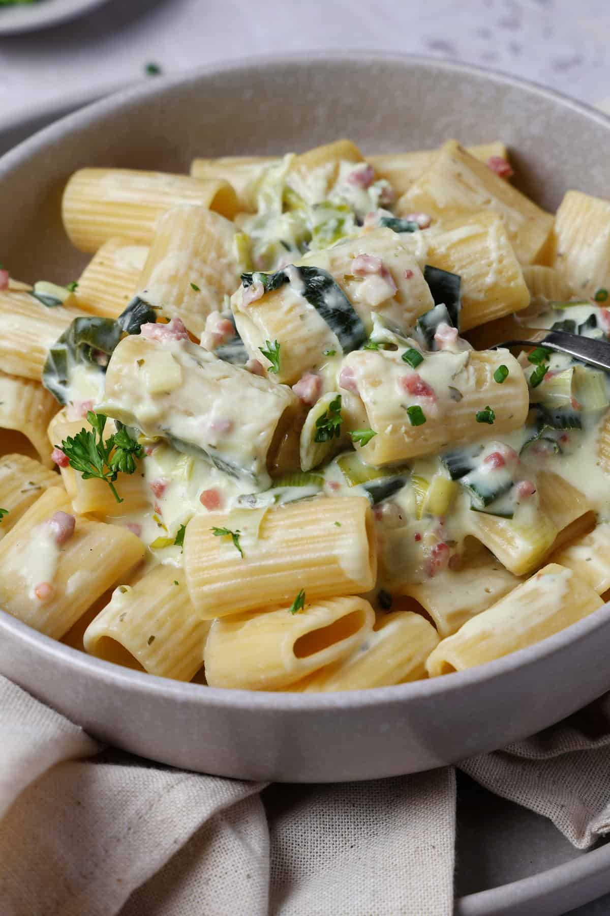 A close-up shot of a deep bowl filled with creamy cheesy leek pasta.