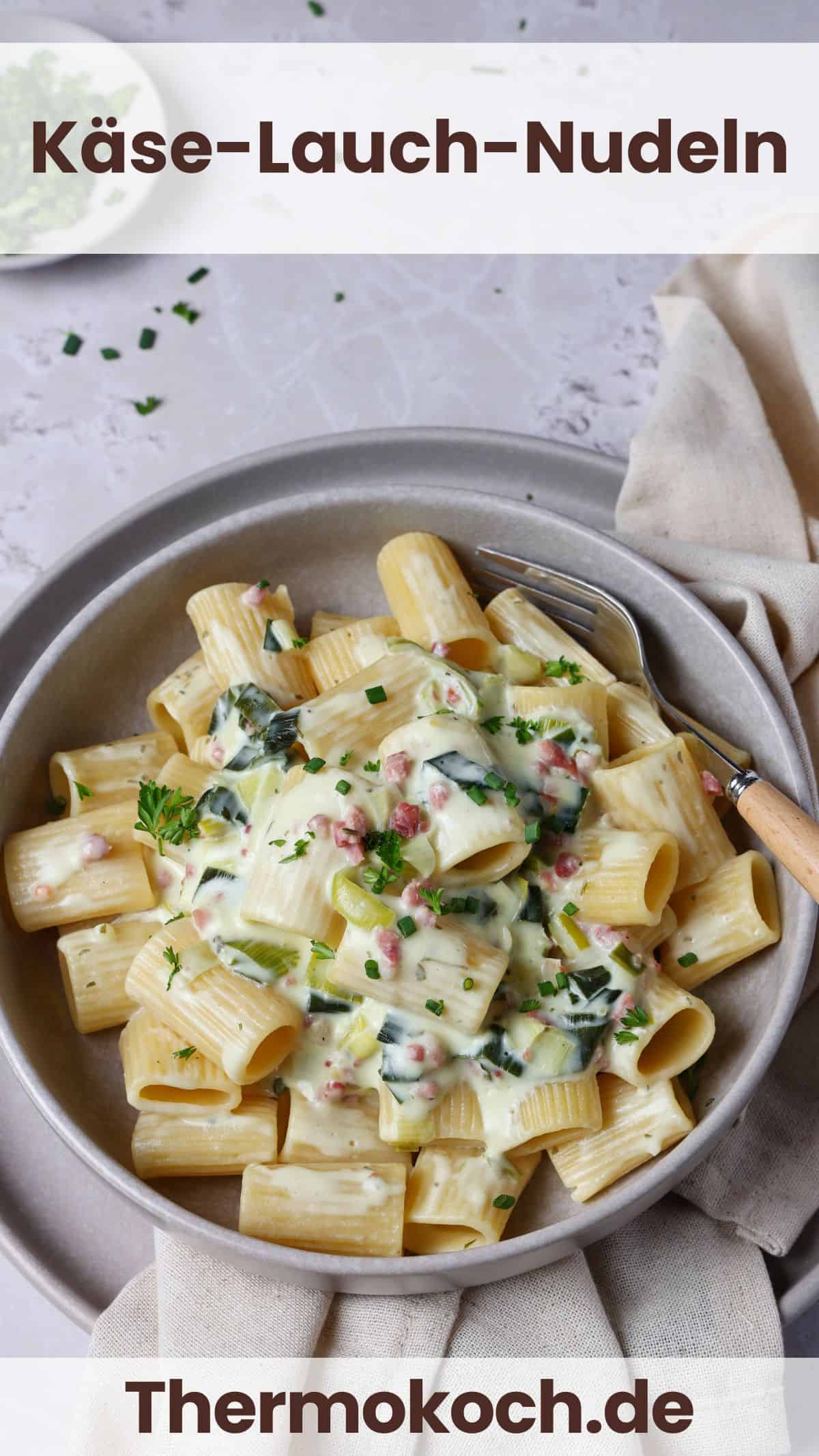 A pasta bowl filled with cheesy leek pasta.