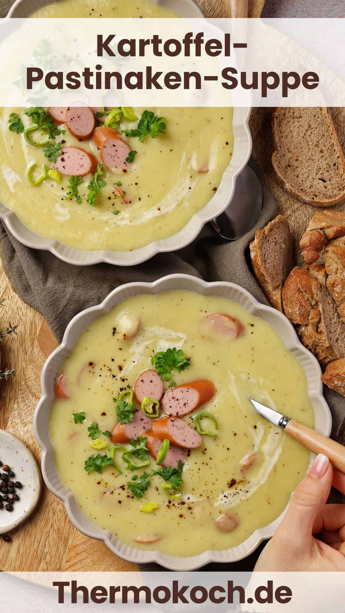 Two soup bowls filled with creamy potato parsnip soup topped with sliced wieners.