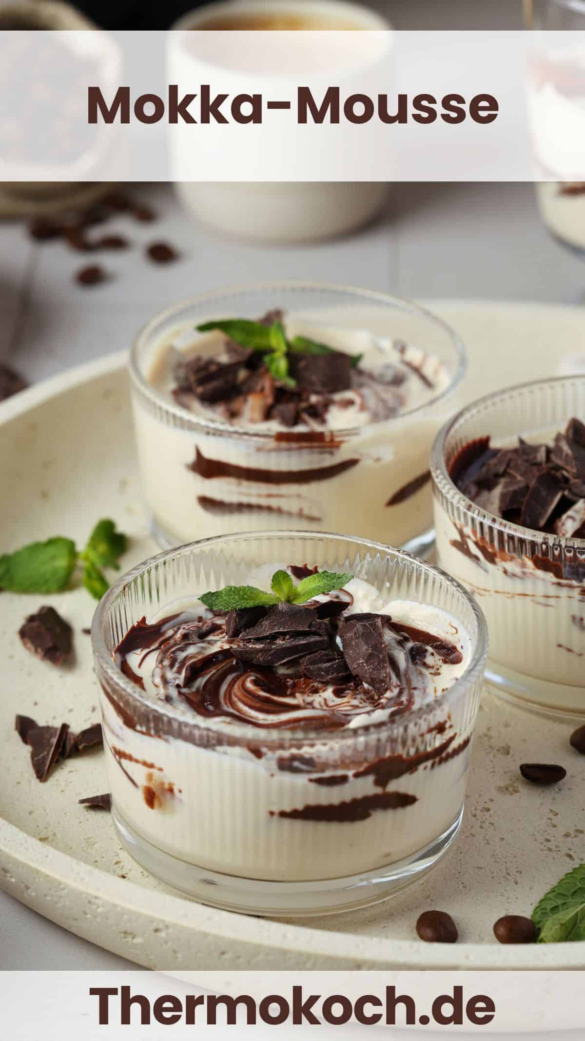 Three round glass bowls filled with mocha mousse on a round white serving tray.