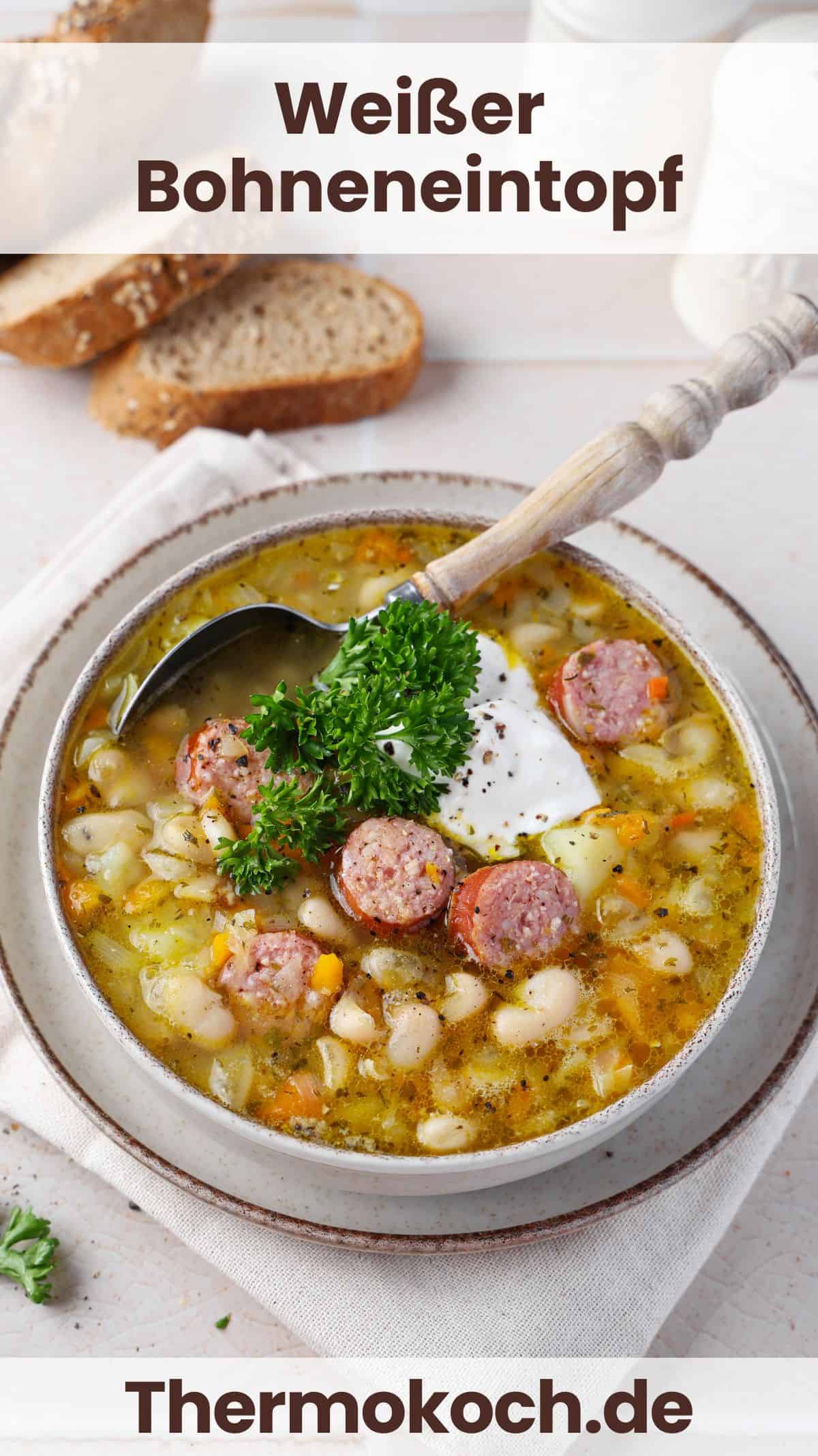 A bowl of white bean stew with smoked sausage.