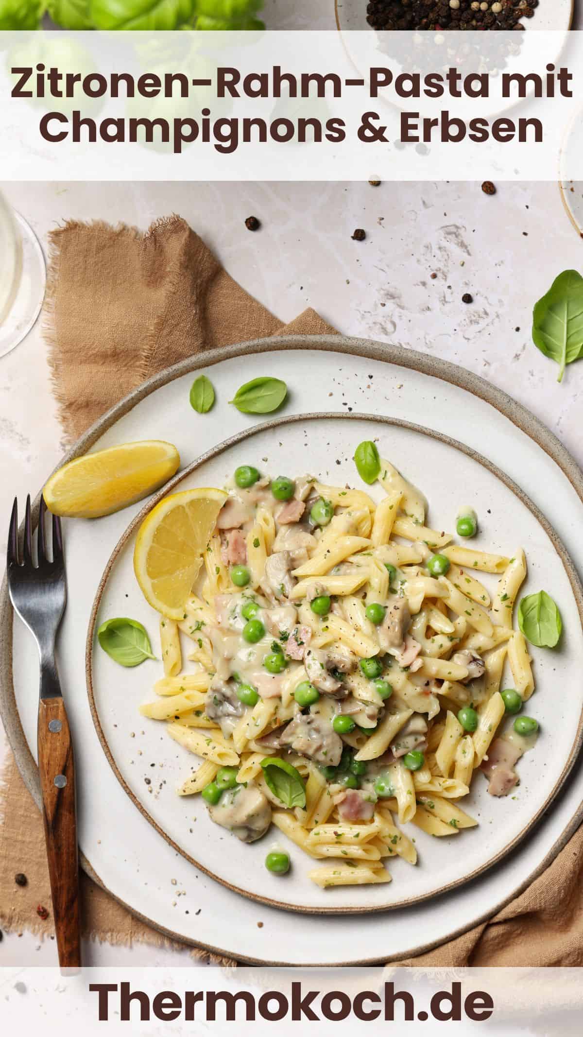 A plate of creamy lemon pasta with mushrooms & peas, garnished with lemon wedges and fresh basil leaves.