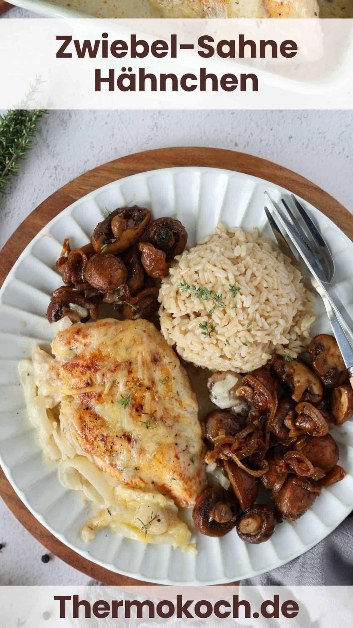A white plate with creamy onion chicken, mushrooms, and rice.