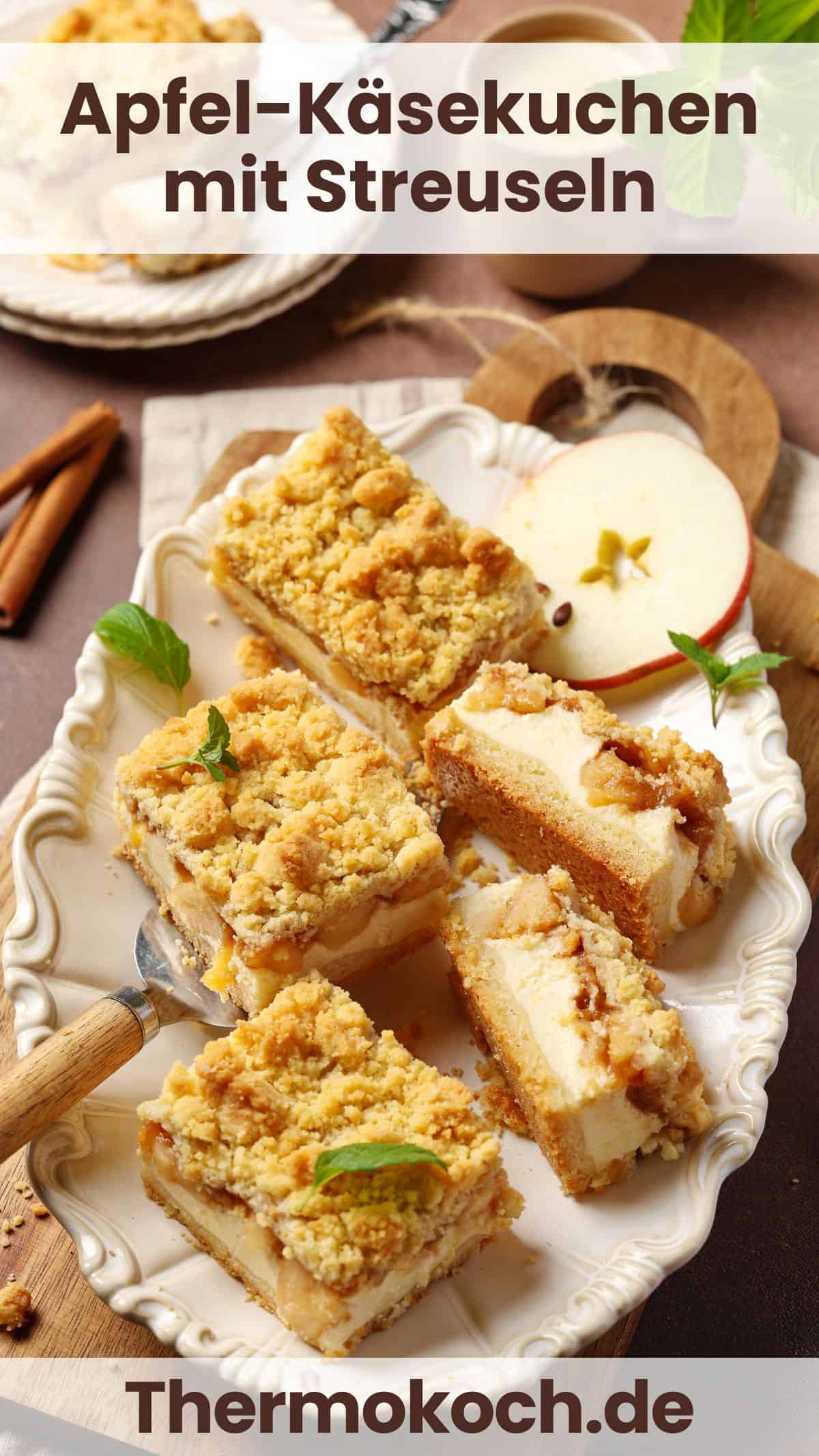Several slices of apple cheesecake with streusel topping on an oval white serving platter.