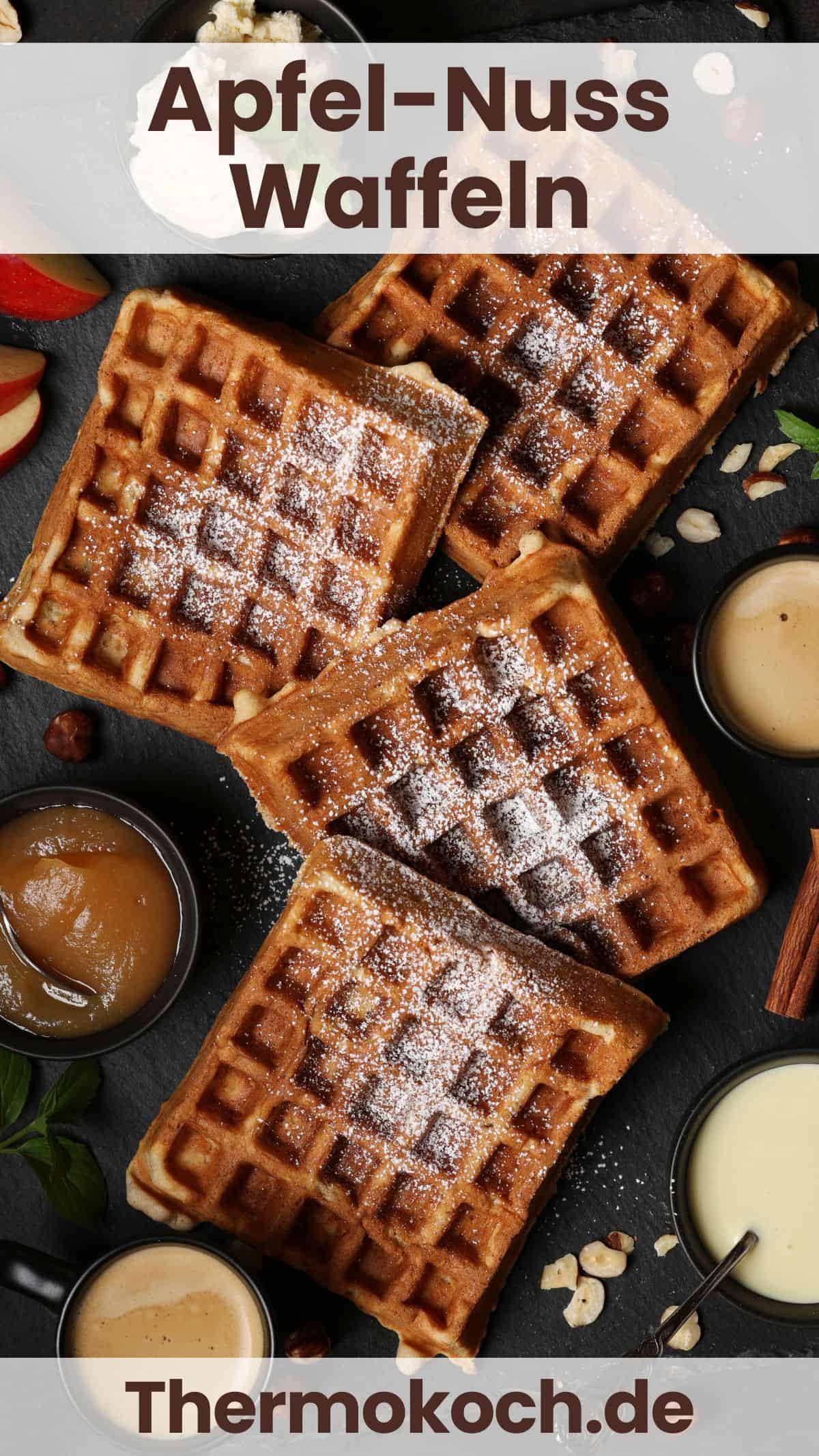 Several apple nut waffles on a dark background.