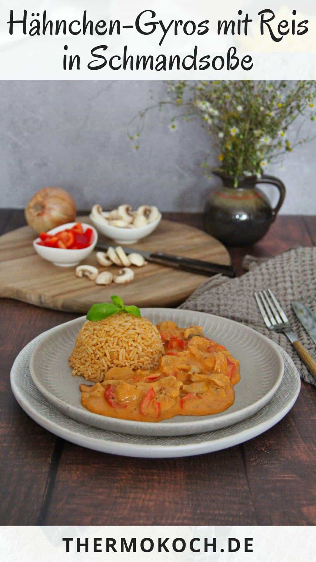 A plate of chicken gyros strips with bell peppers, mushrooms, and rice.