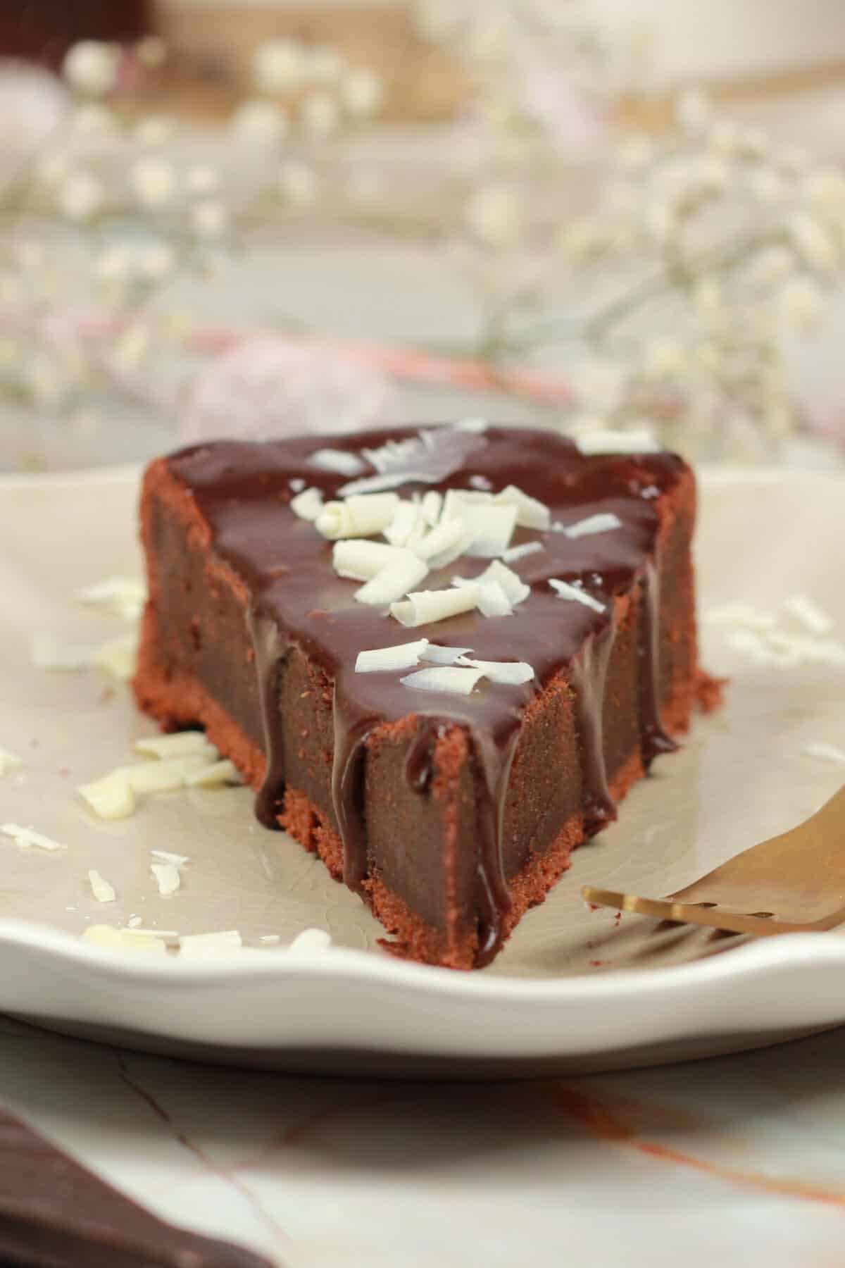A slice of chocolate cake on a plate.