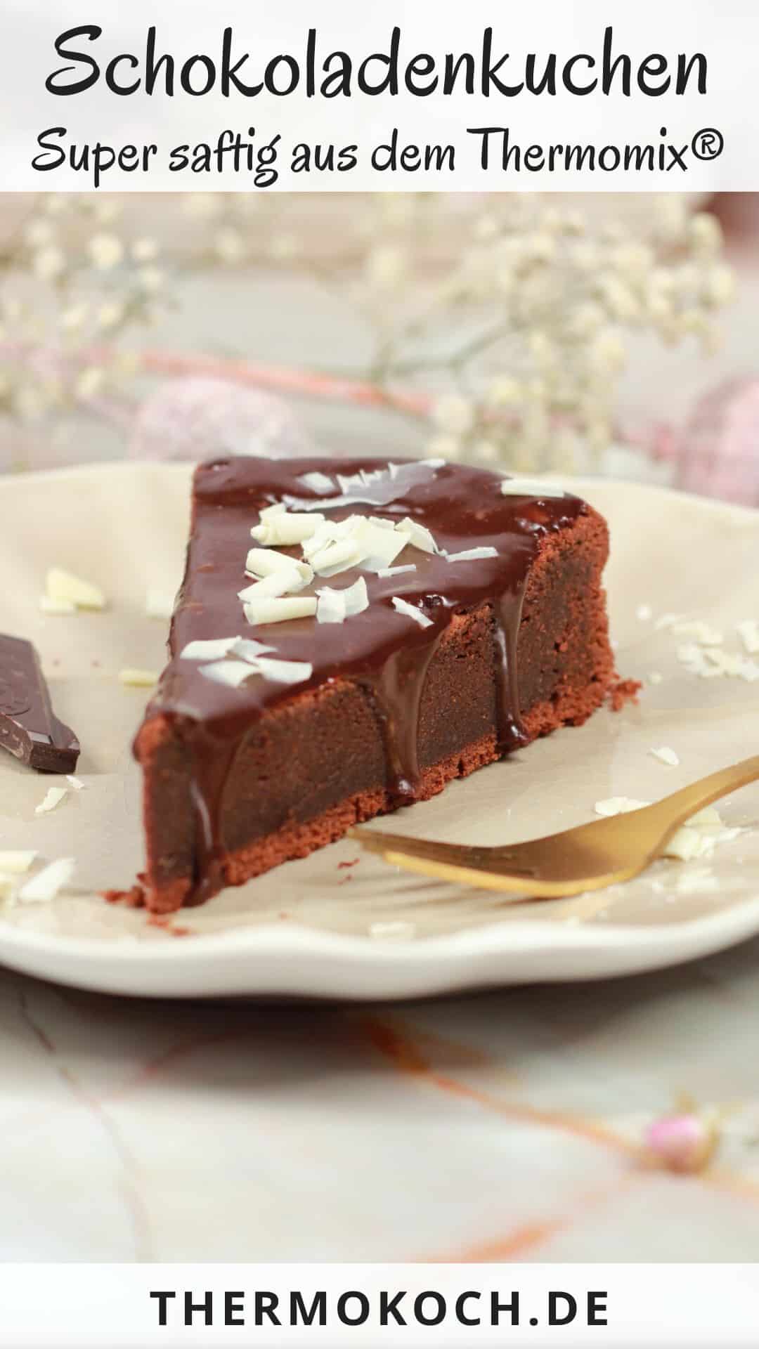 A slice of chocolate cake topped with white chocolate shavings.