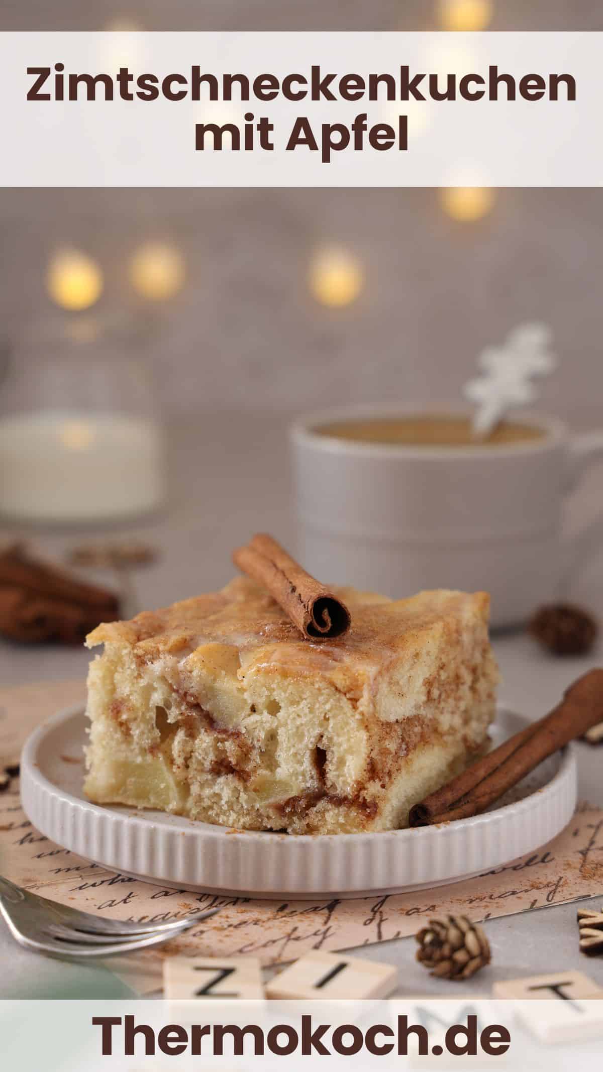 A slice of apple cinnamon roll cake on a small plate.