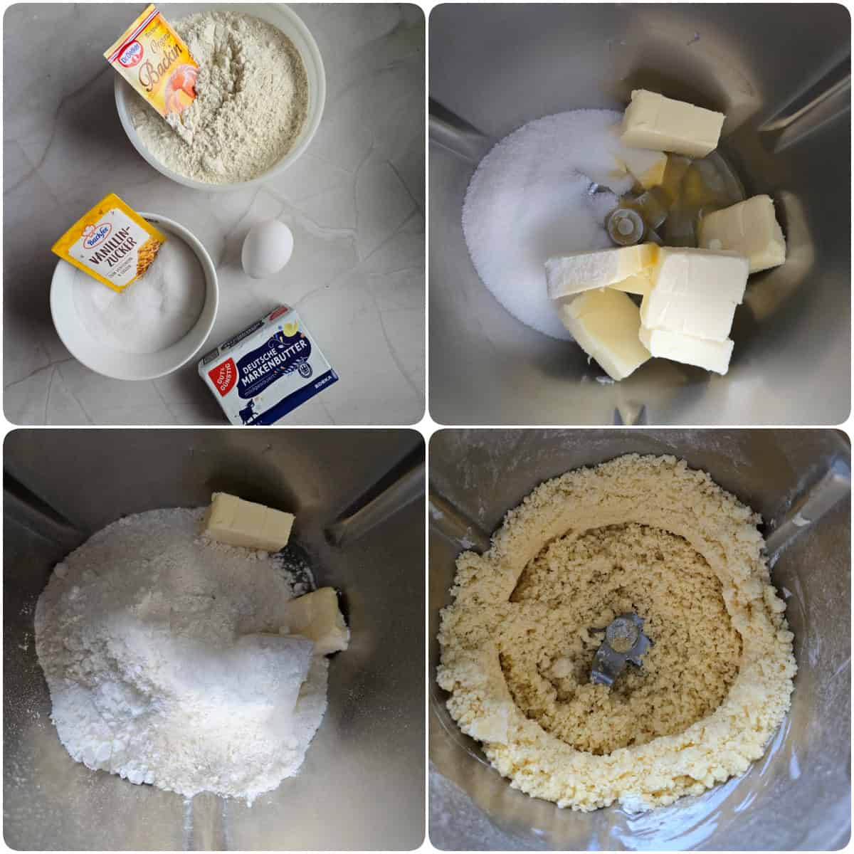 A collage showing the step-by-step process for making apple streusel cheesecake.
