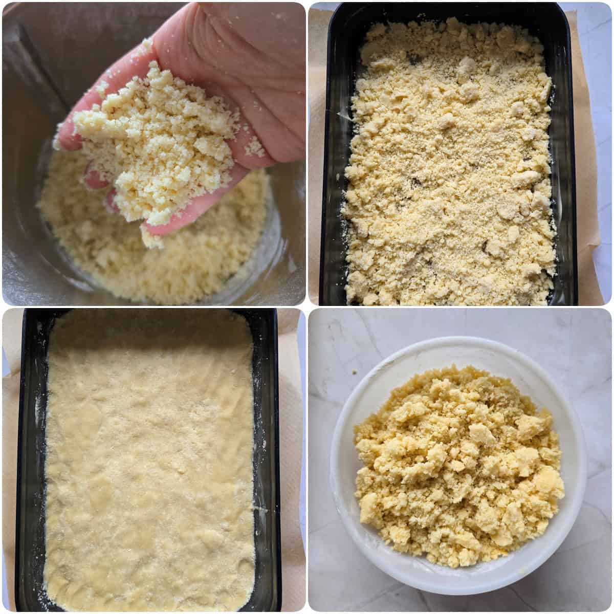 A collage showing the step-by-step process for making apple streusel cheesecake.