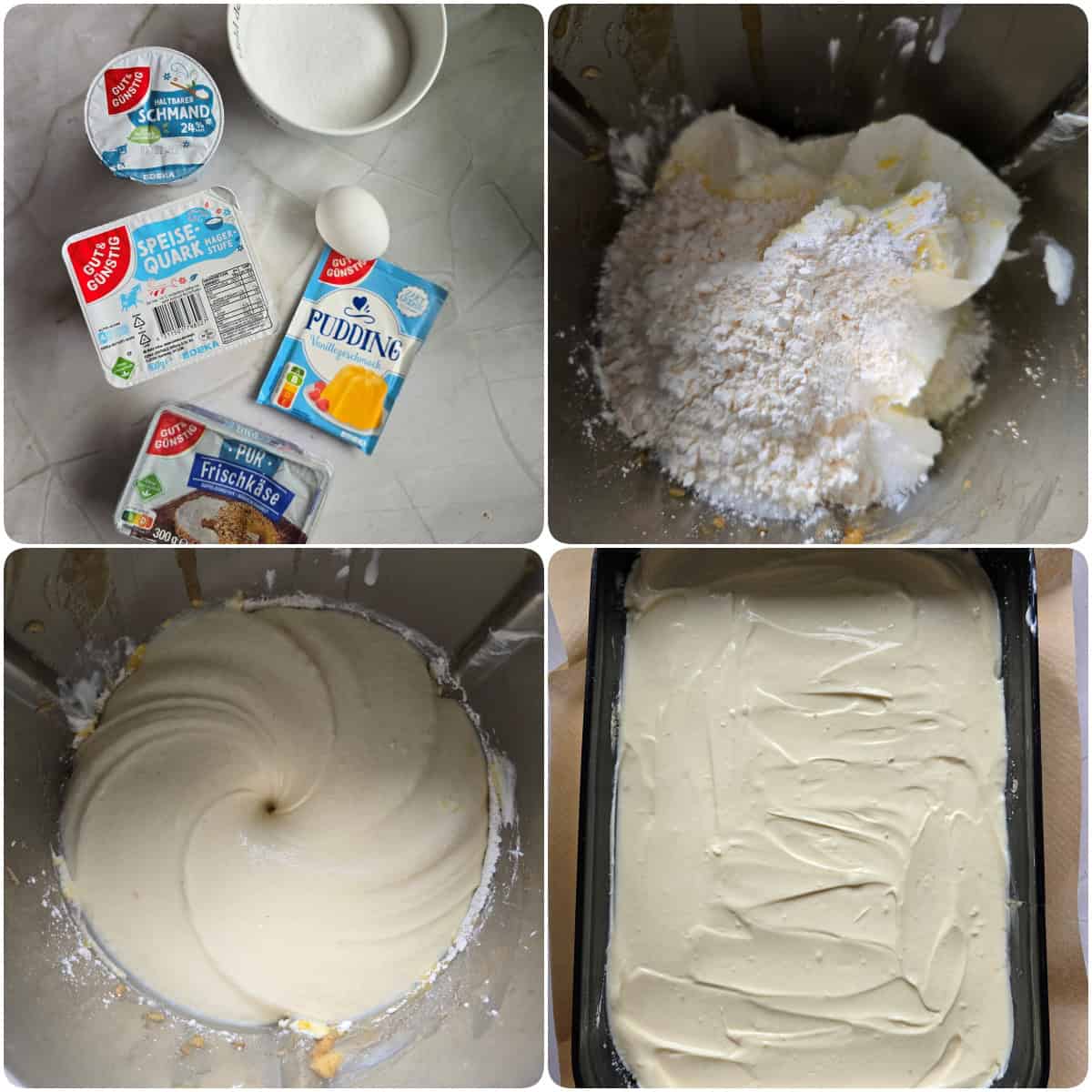 A collage showing the step-by-step process for making apple streusel cheesecake.