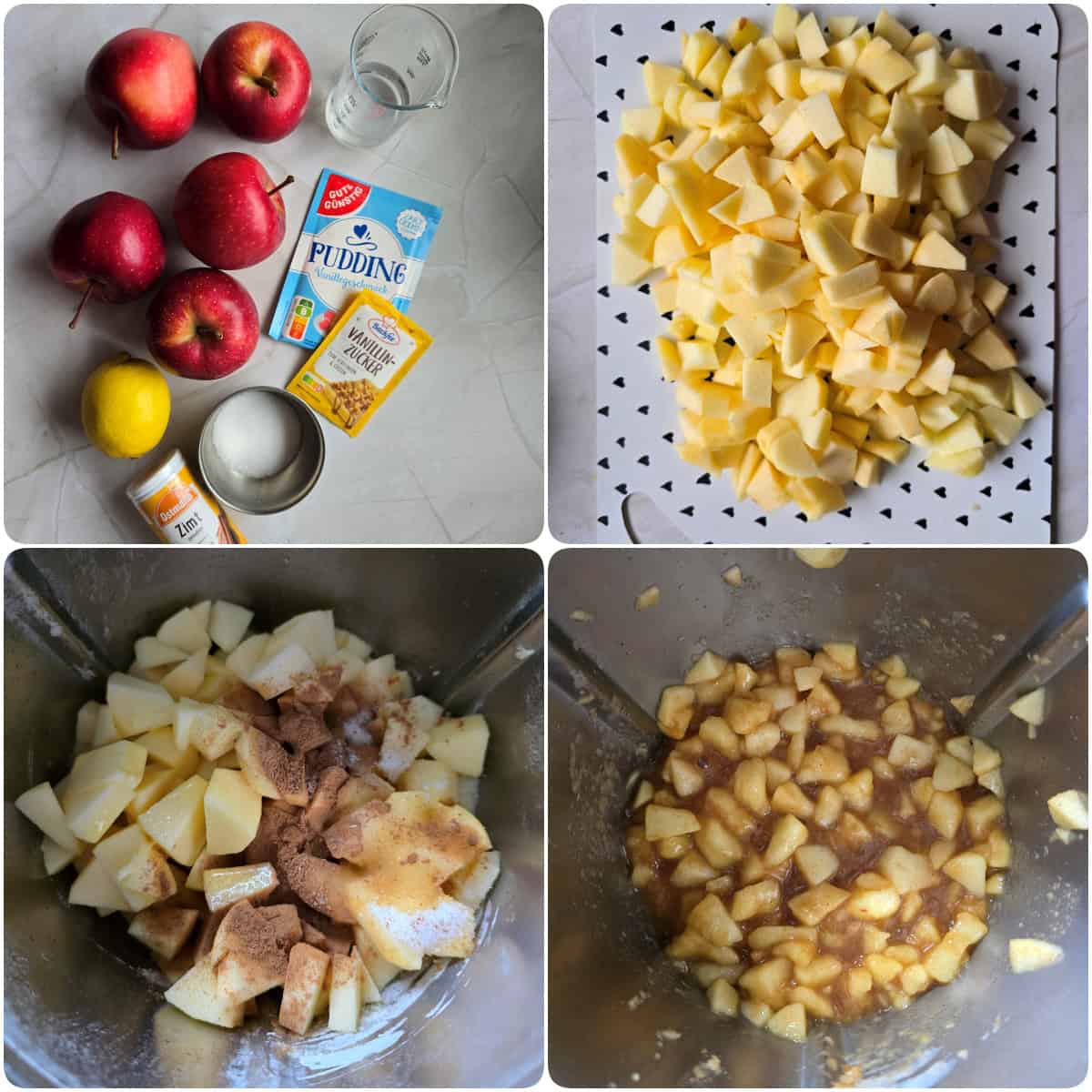 A collage showing the step-by-step process for making apple streusel cheesecake.