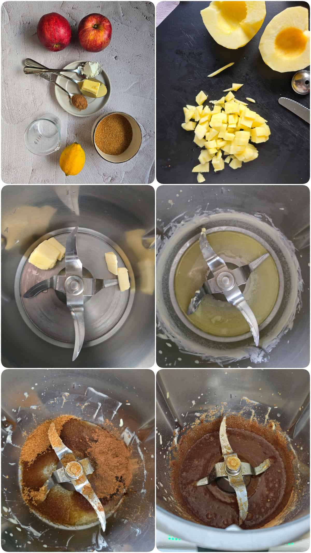 Collage showing ingredients and the first prep steps for the apple filling for Apple Cinnamon Cookies in the Thermomix.